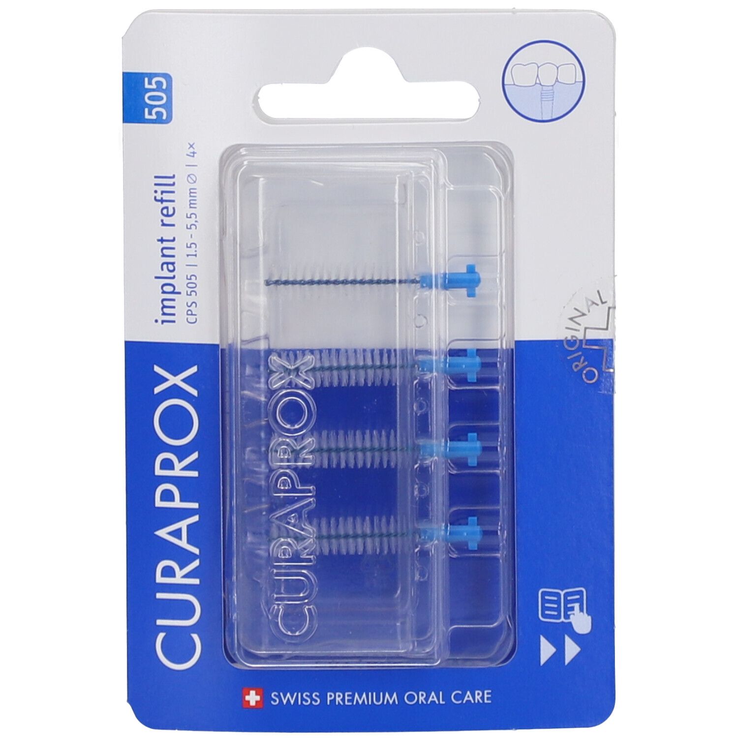 Blisterverpakking met blauwe Curaprox CPS 505 Implant Refill Interdentalborstels. 1,1-5,5 mm. Zichtbare productkenmerken.