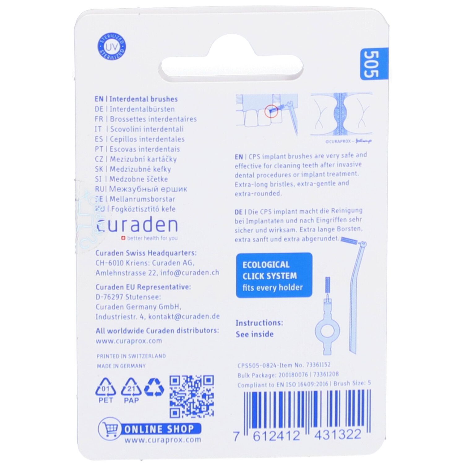 Achterkant van de blisterverpakking met informatie over de Curaprox CPS 505 Implant Refill interdentale borstels. Tekst en illustraties.
