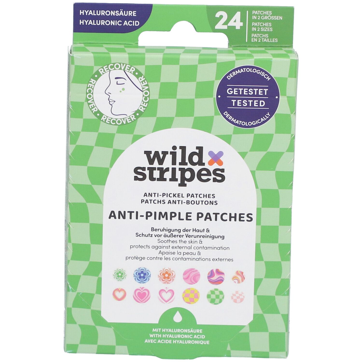 Verpakking anti-puistjes patches. Groen-wit dambordpatroon. "wild stripes" logo. 24 patches, dermatologisch getest.