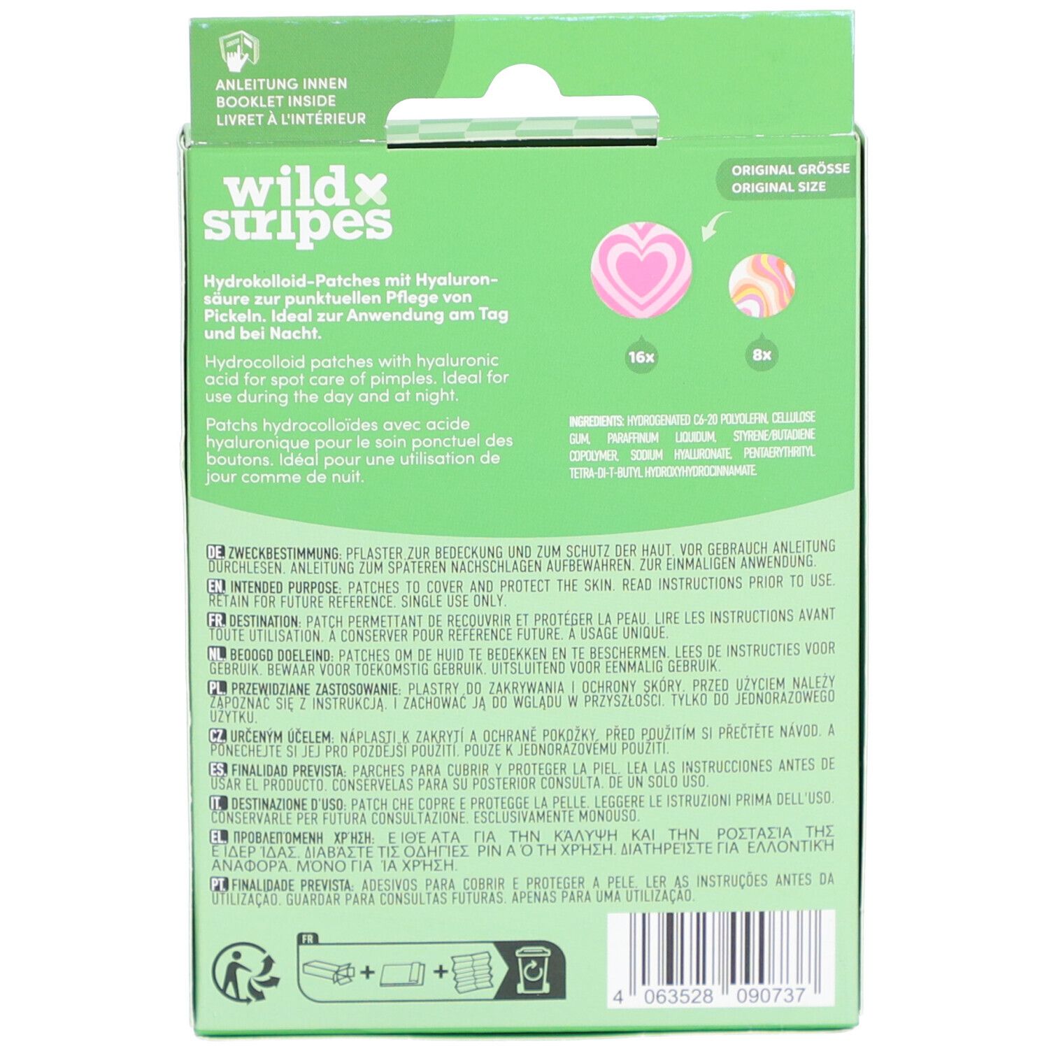 Achterkant van de verpakking met "wild stripes" logo. Bevat 16 roze en 8 veelkleurige hydrocolloïd patches.