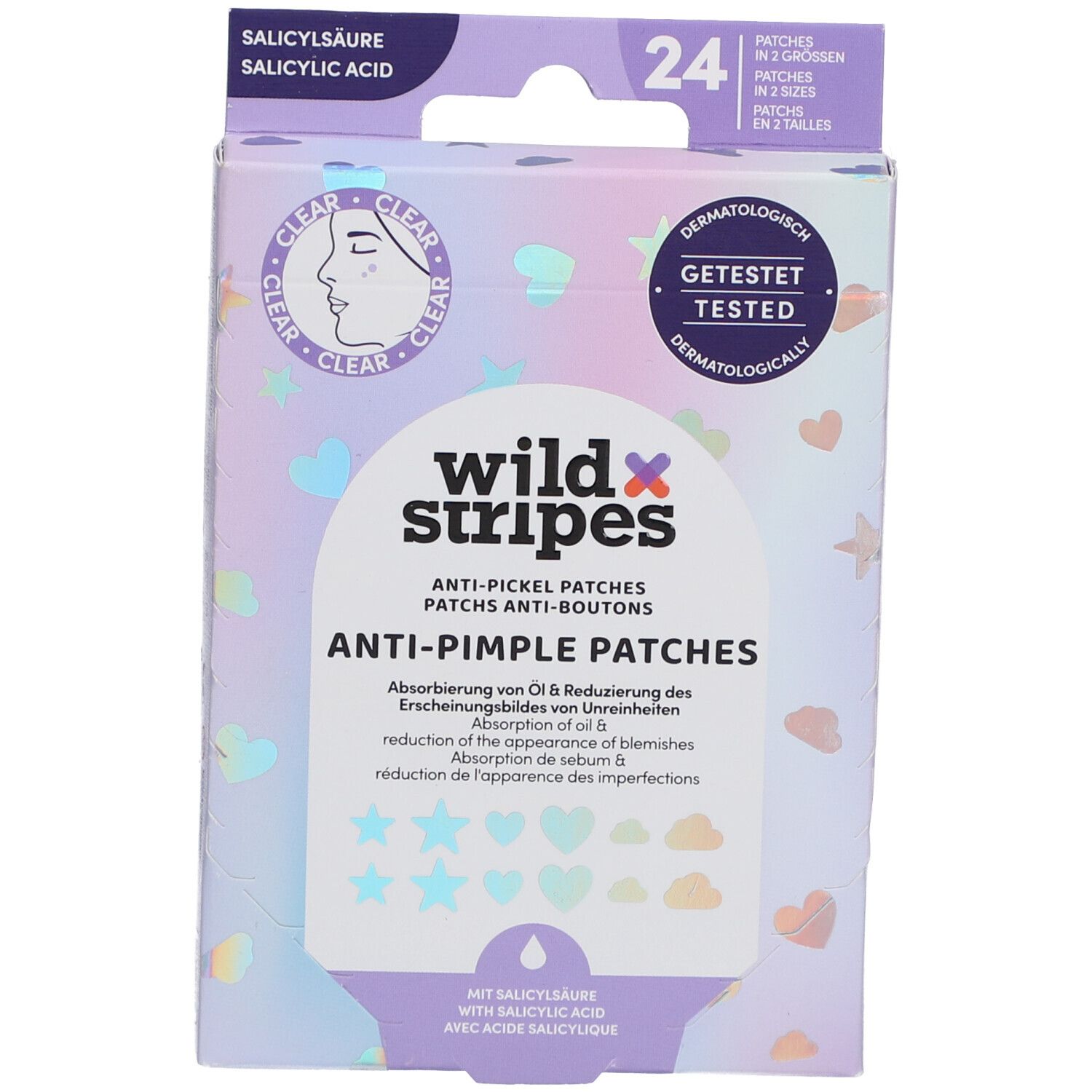 Doos met 24 Wild Stripes anti-puistjes patches, dermatologisch getest, met salicylzuur.