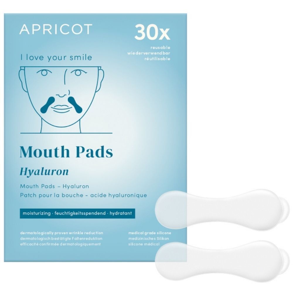 Verpakking met Mouth Pads van APRICOT, 30 stuks. Opschrift: Mouth Pads Hyaluron. Twee pads ernaast.