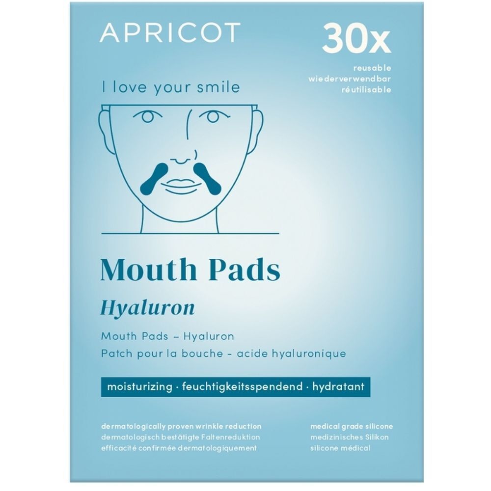 Verpakking met Mouth Pads van APRICOT, 30 stuks. Opschrift: Mouth Pads Hyaluron.