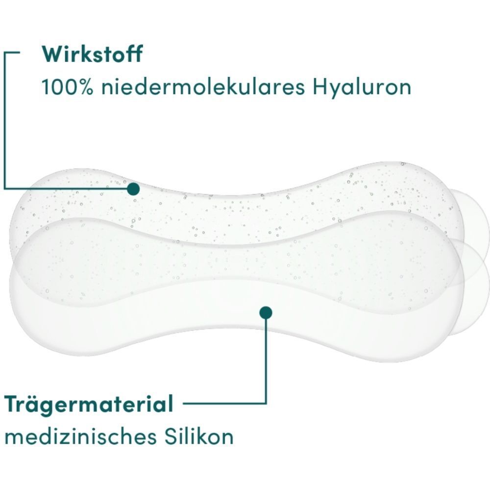 Twee mondpads met opschrift. Werkzame stof: 100% hyaluronzuur. Dragermateriaal: medische siliconen.