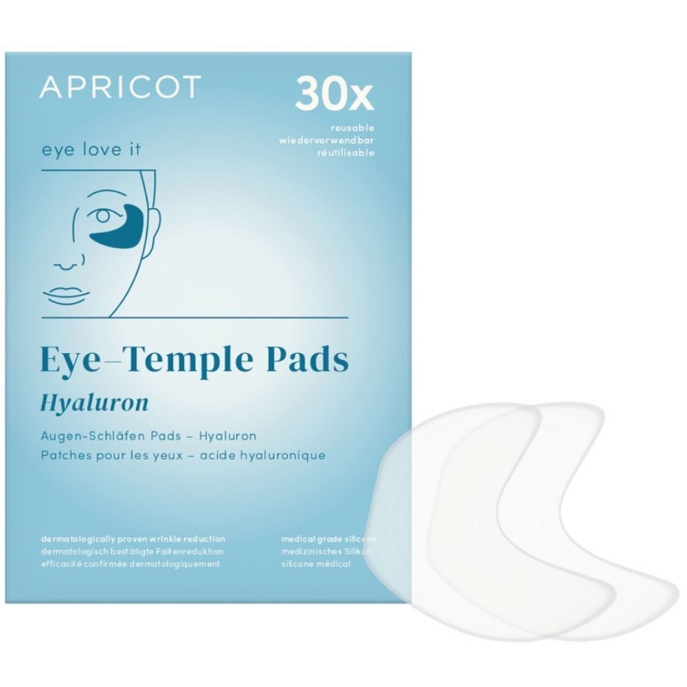 Verpakking met oog-slaap pads. Merk APRICOT. 30 stuks. Pads en verpakking naast elkaar. Opschrift: Eye-Temple Pads Hyaluron.