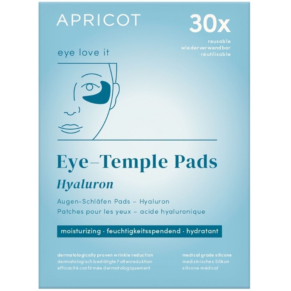 Verpakking met oog-slaap pads. Merk APRICOT. Opschrift: Eye-Temple Pads Hyaluron. 30 stuks. Hydraterend.
