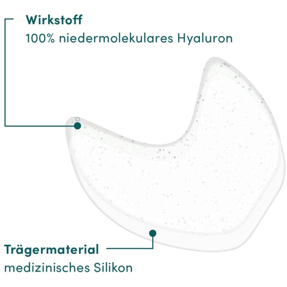 Oog-slaap pad met opschrift. Werkzame stof: 100% laagmoleculair hyaluronzuur. Dragermateriaal: medische siliconen.