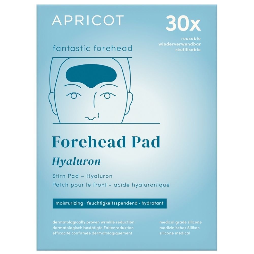 Emballage avec patch frontal. Marque APRICOT. Texte: Forehead Pad Hyaluron. 30x. Réutilisable. Bleu et blanc.
