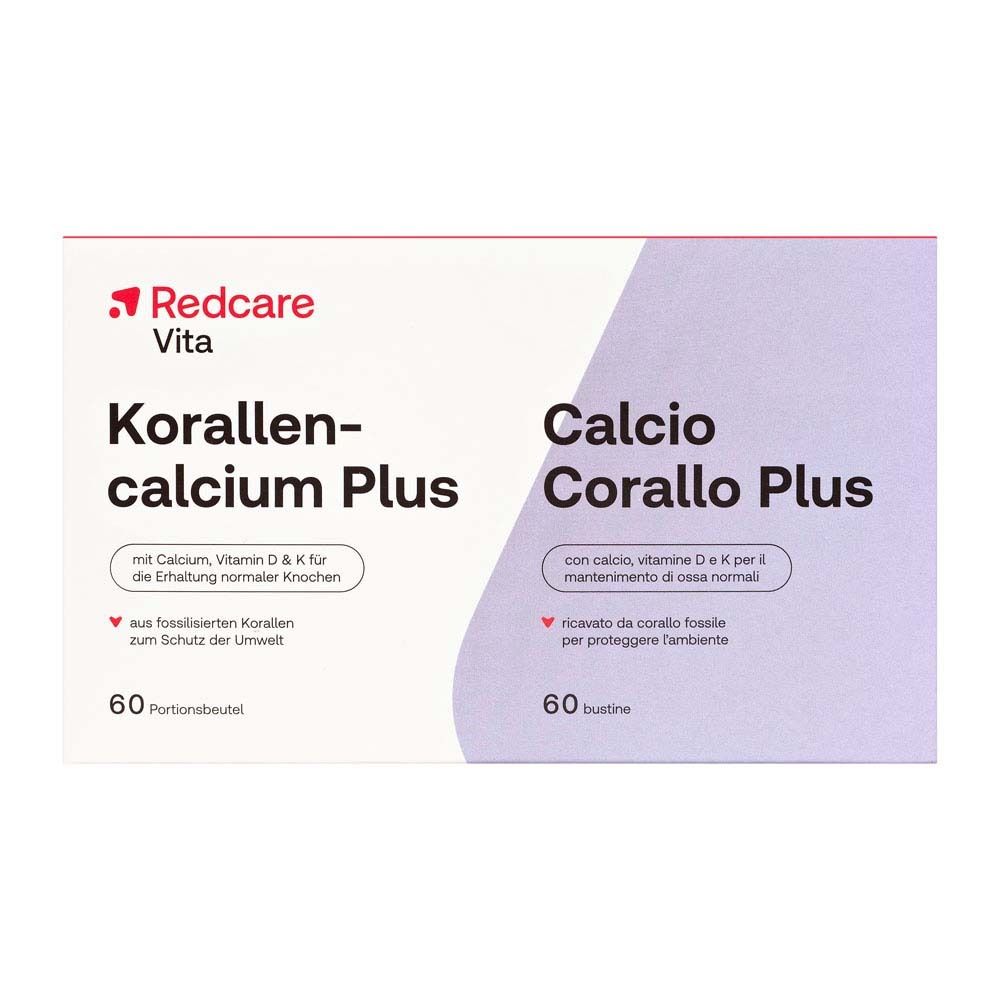 Boîte de Redcare Vita Korallencalcium Plus. Contient 60 sachets. Inscription : Calcium, Vitamine D & K.