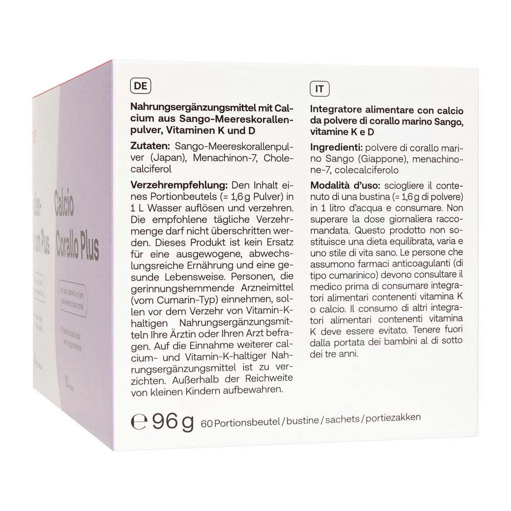 Dos de la boîte avec informations sur Redcare Vita Korallencalcium Plus. Texte en allemand et italien.