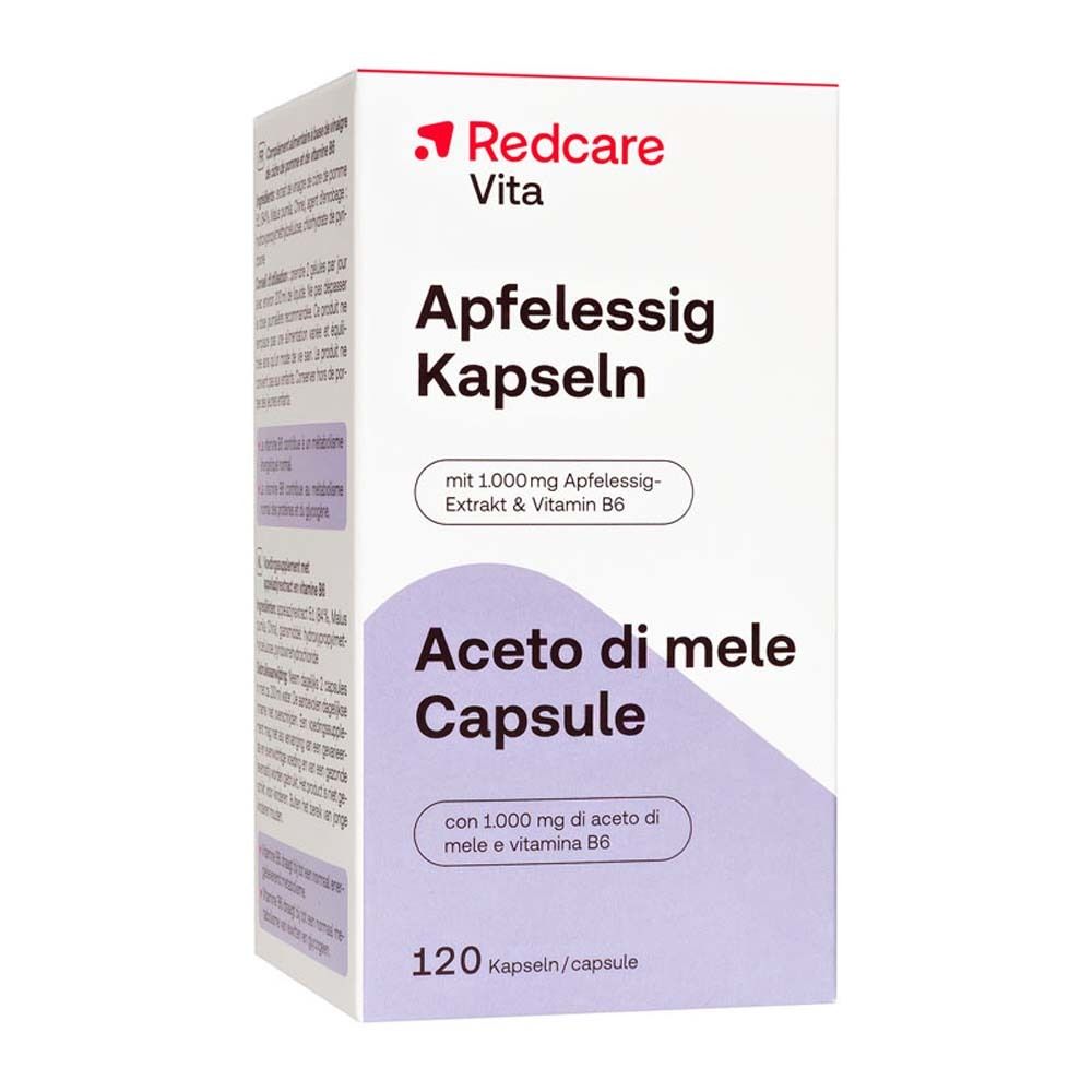Emballage de gélules. Inscription: Redcare Vita Apfelessig Kapseln, Aceto di mele Capsule, 120 gélules.