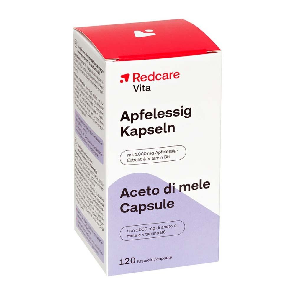 Emballage de gélules. Inscription: Redcare Vita Apfelessig Kapseln, Aceto di mele Capsule, 120 gélules.