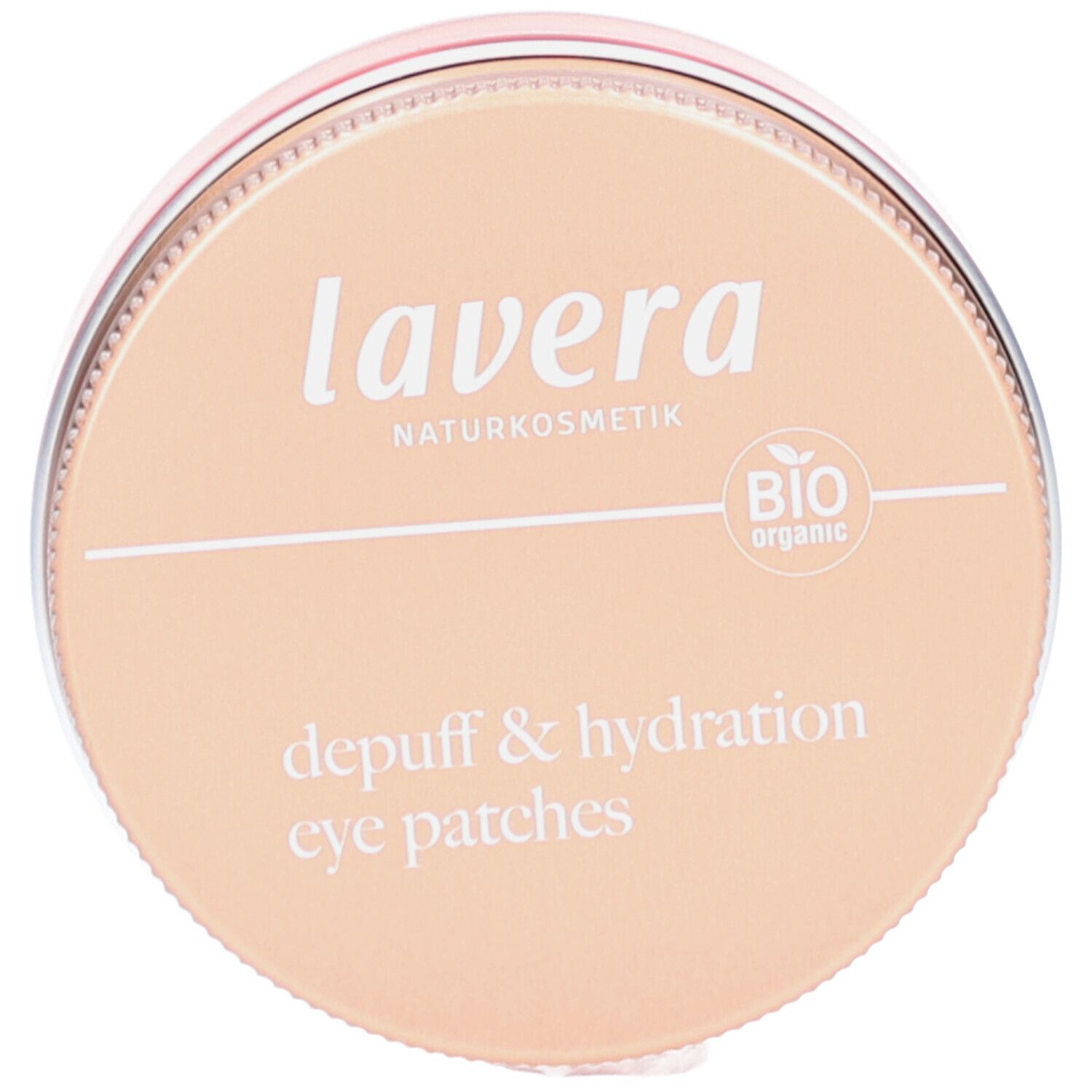 Ronde doos met deksel. Opschrift: lavera, natuurlijke cosmetica, bio-keurmerk. Tekst: depuff & hydration eye patches.