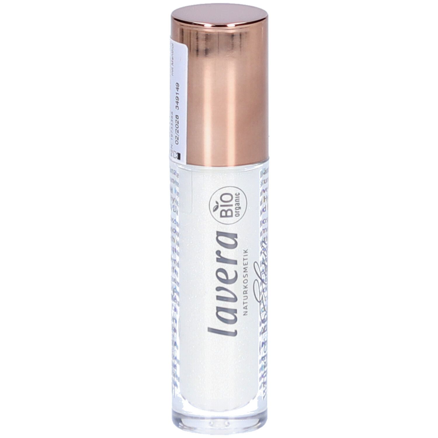 Flacon d'élixir pour les lèvres avec bouchon or rose. Inscription : lavera, label bio.