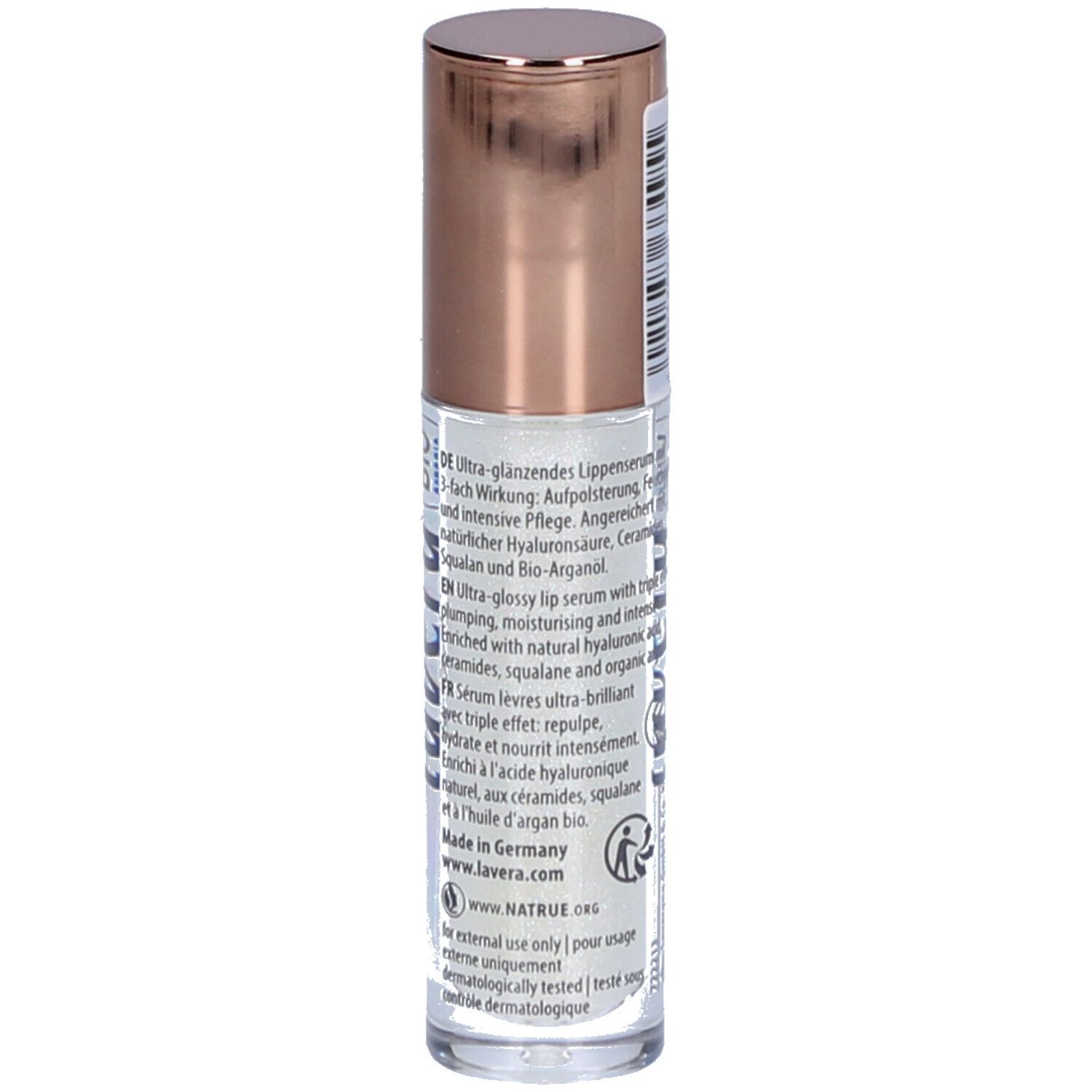 Flacon d'élixir pour les lèvres avec bouchon or rose. Inscription : ingrédients, label vegan, label NATRUE.