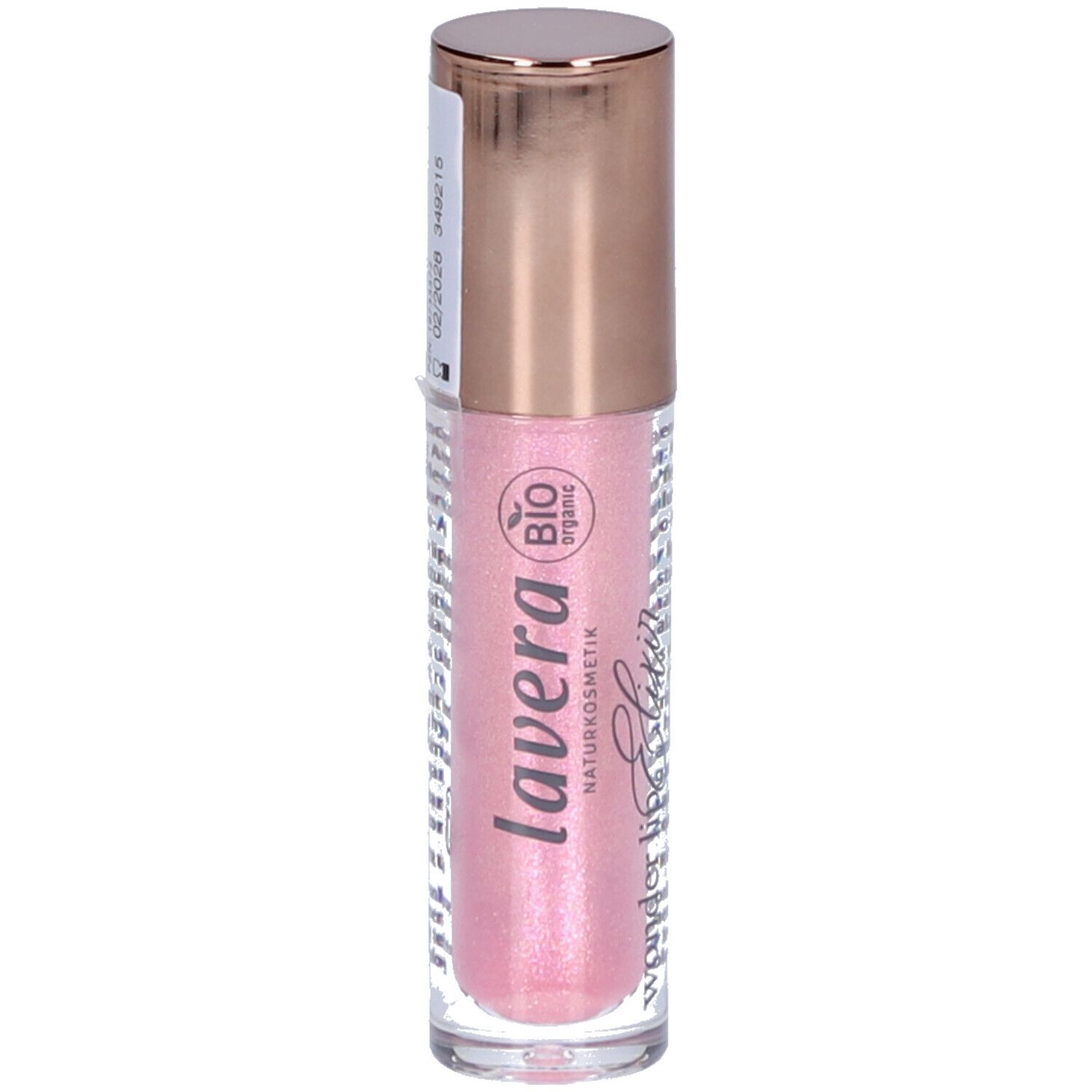 Flacon de gloss rose. Bouchon doré. Inscription: lavera, Wonder lip Elixir, BIO organic.