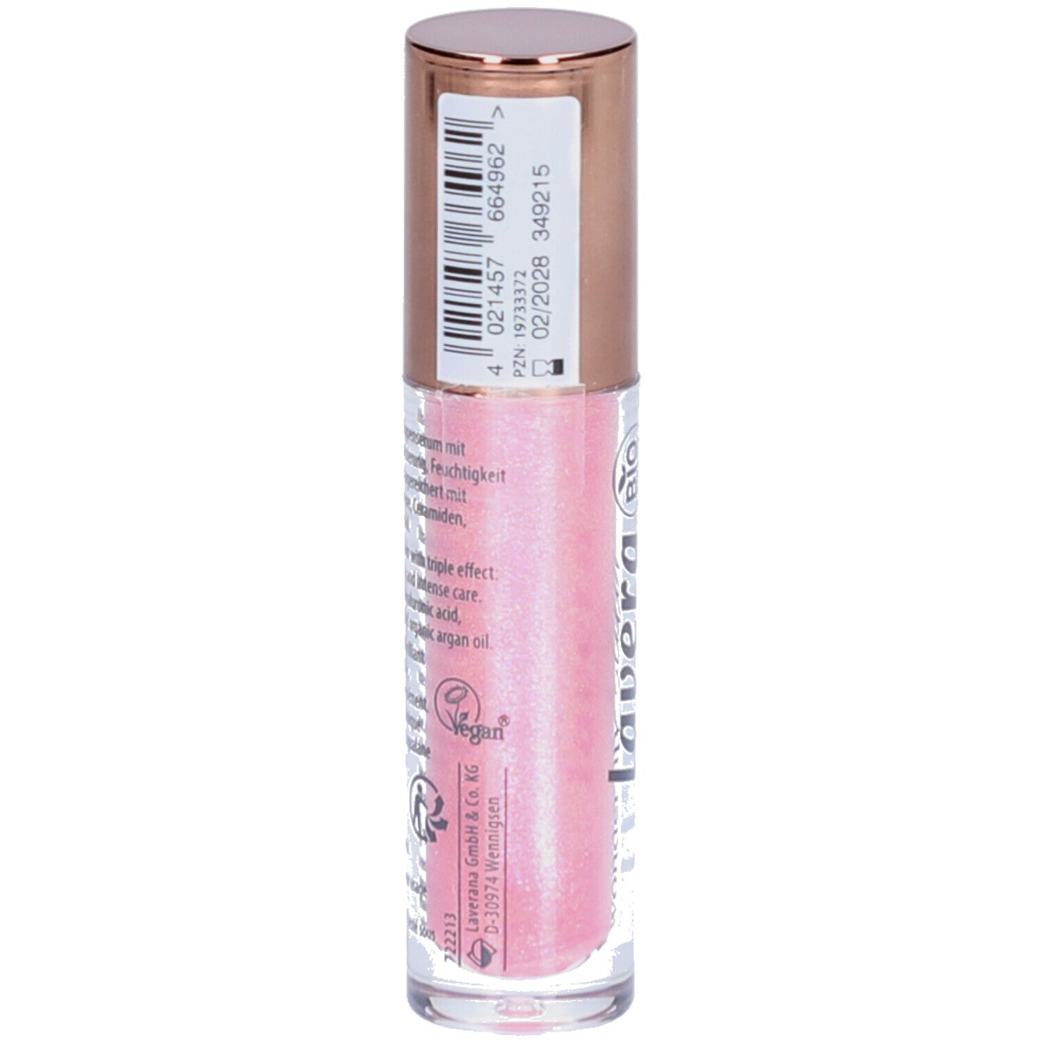 Flacon de gloss rose. Bouchon doré. Inscription: lavera. Verso avec texte et code-barres.