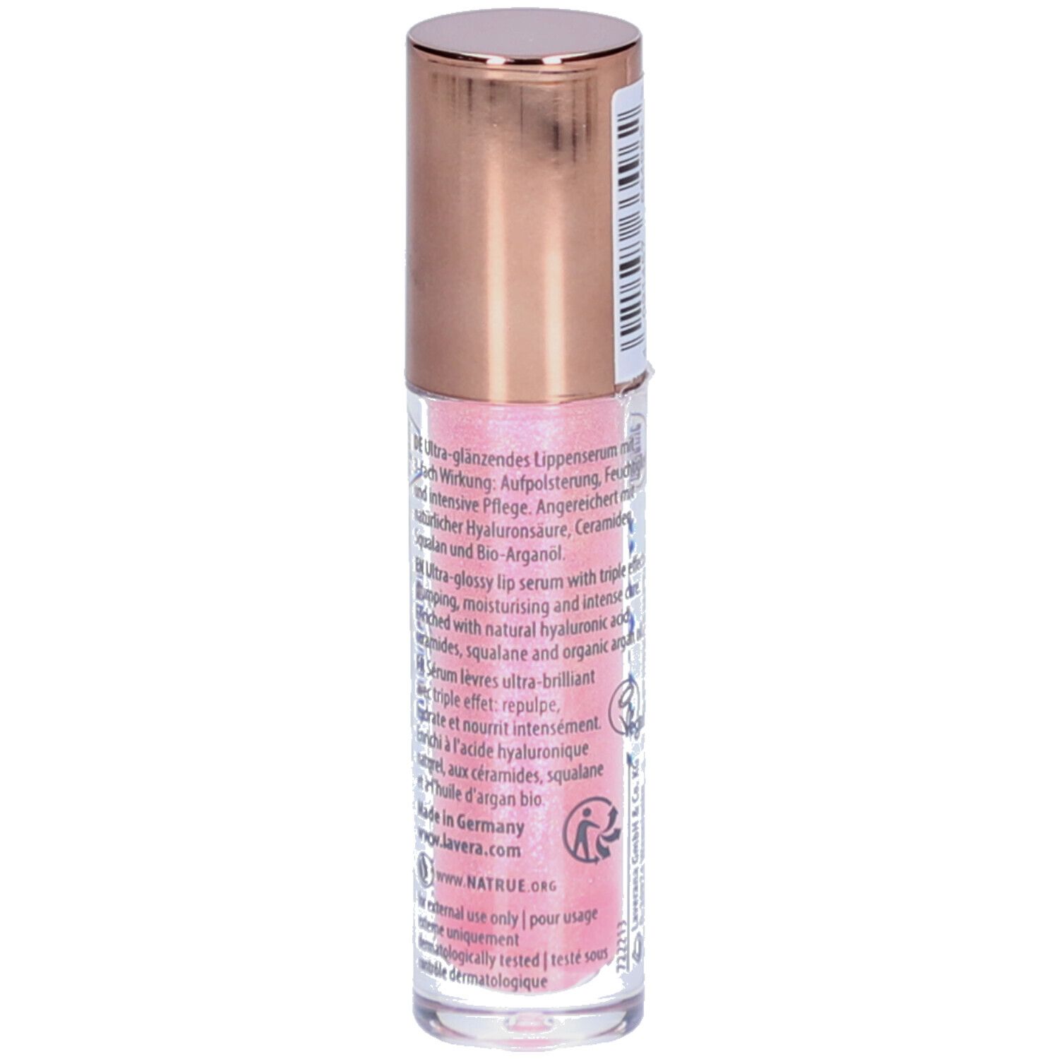 Flacon de gloss rose. Bouchon doré. Inscription: lavera. Verso avec texte.