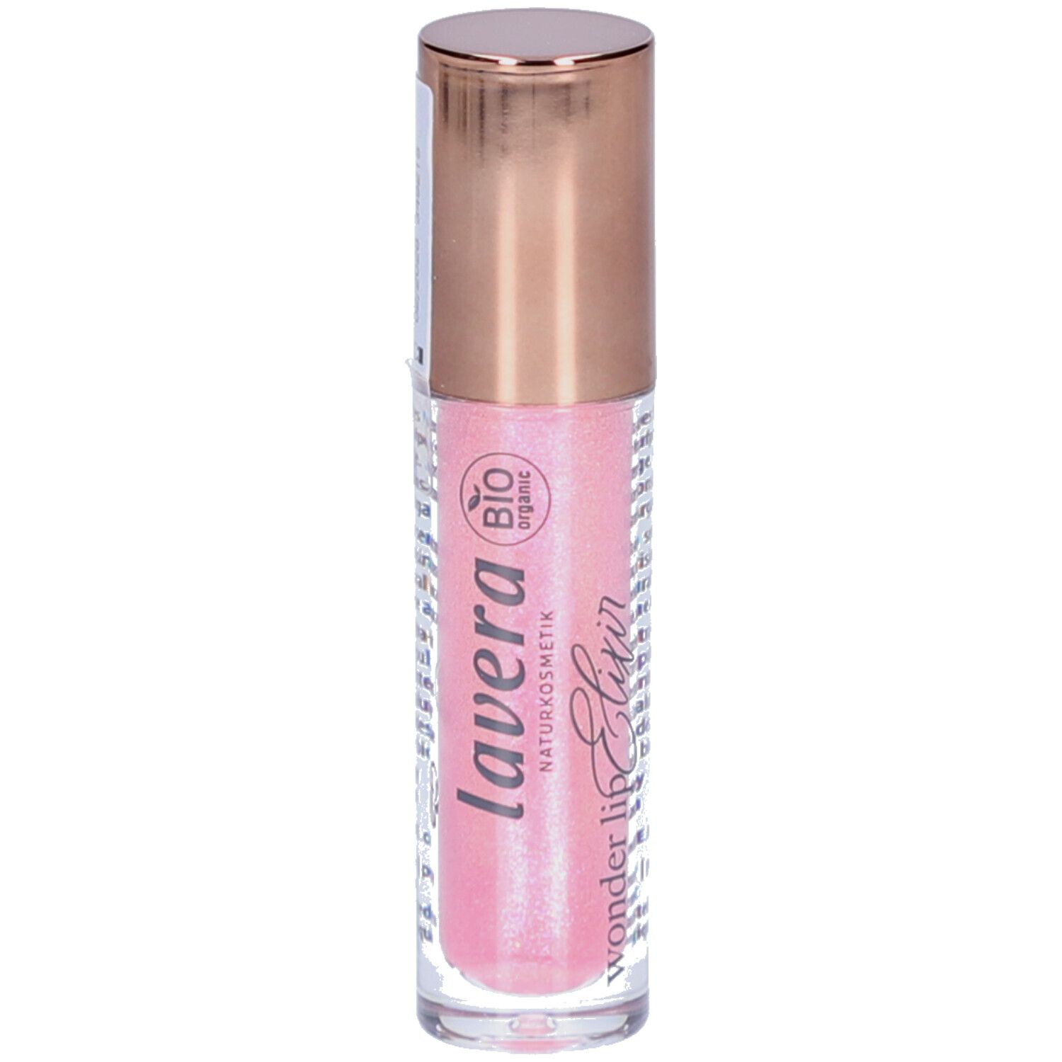 Flacon de gloss rose. Bouchon doré. Inscription: lavera, Wonder lip Elixir.