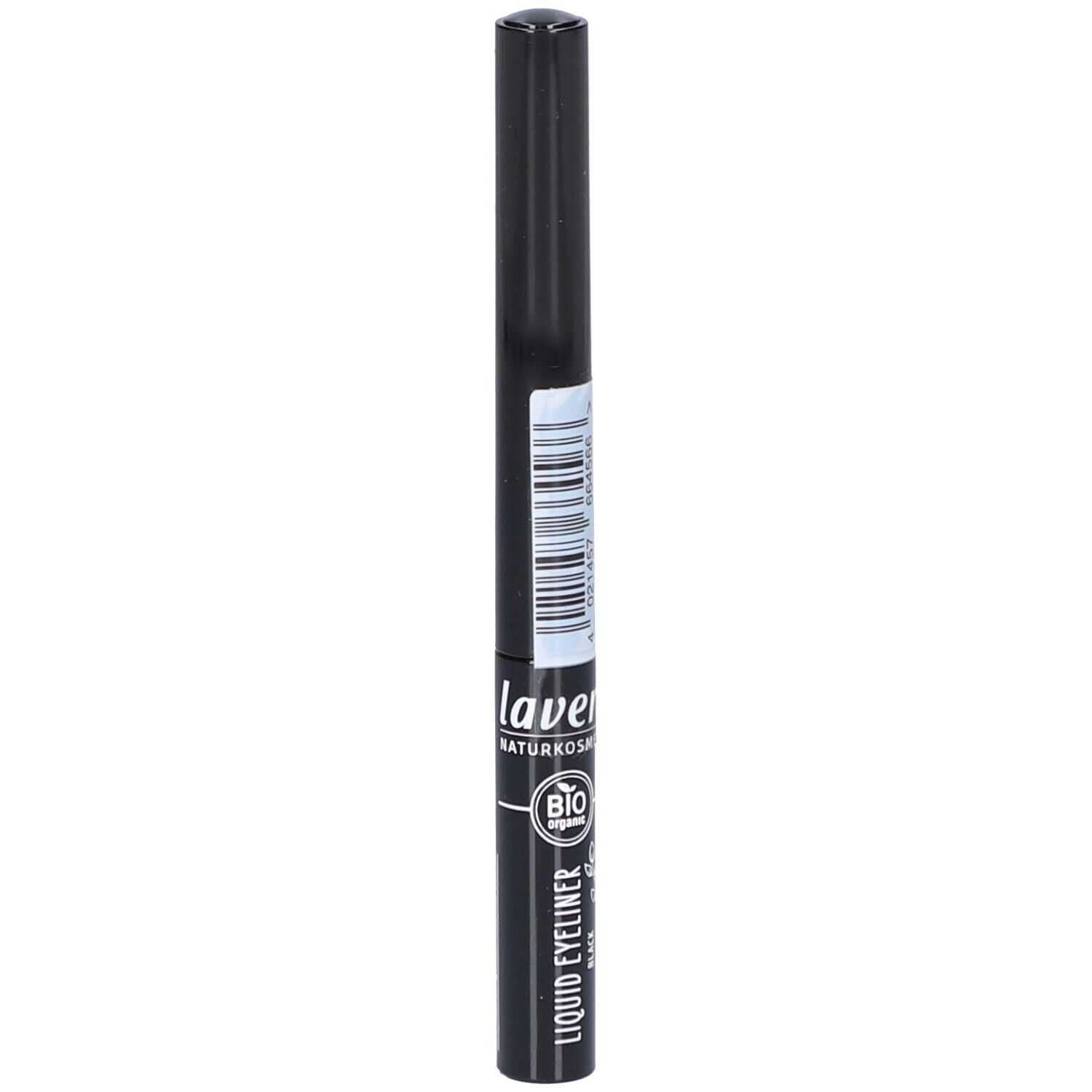 Eyeliner liquide noir. Inscription: lavera, cosmétiques naturels, BIO. Avec applicateur. Bouchon et stylo noirs.