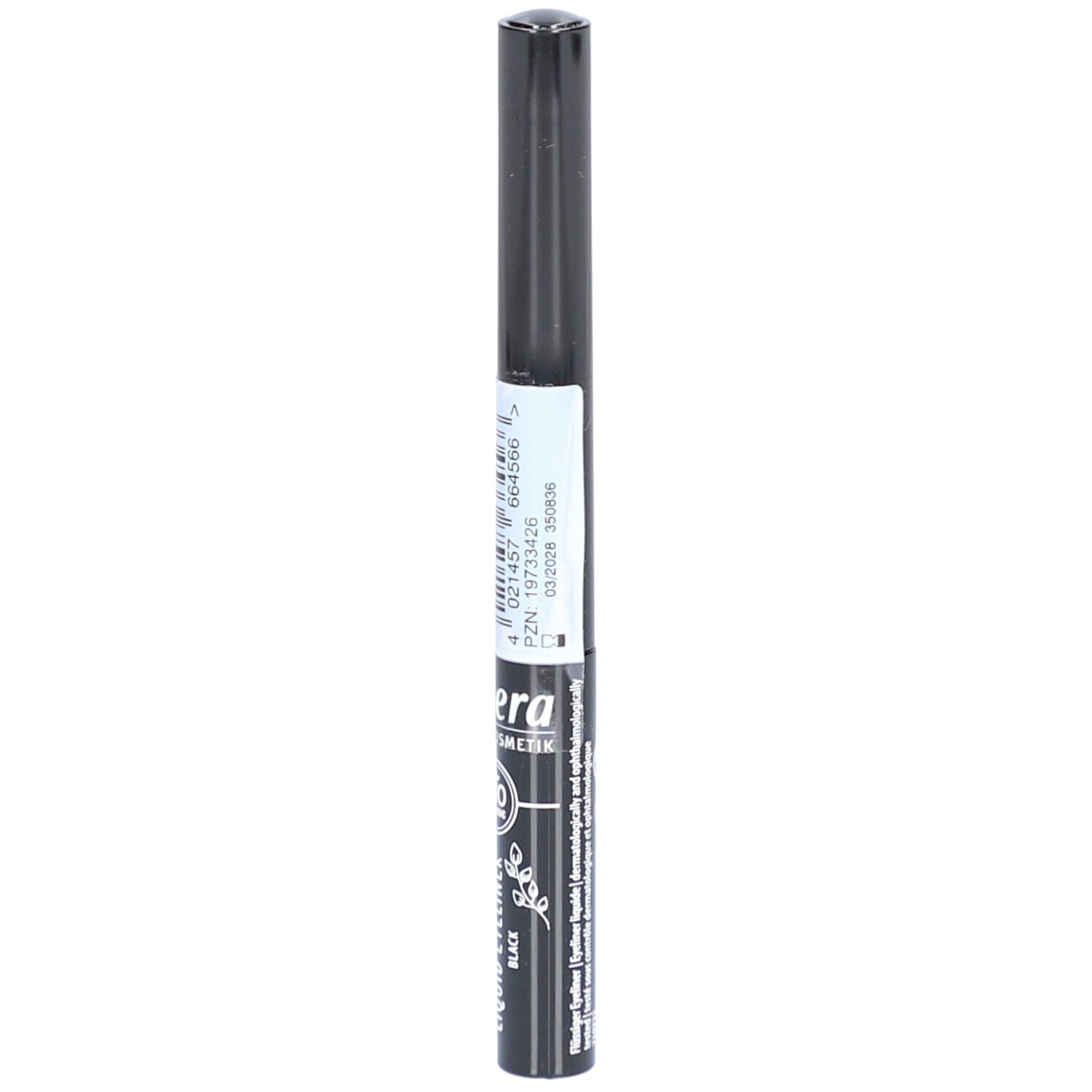 Eyeliner liquide noir. Inscription: lavera, cosmétiques naturels, BIO. Avec applicateur. Bouchon et stylo noirs.