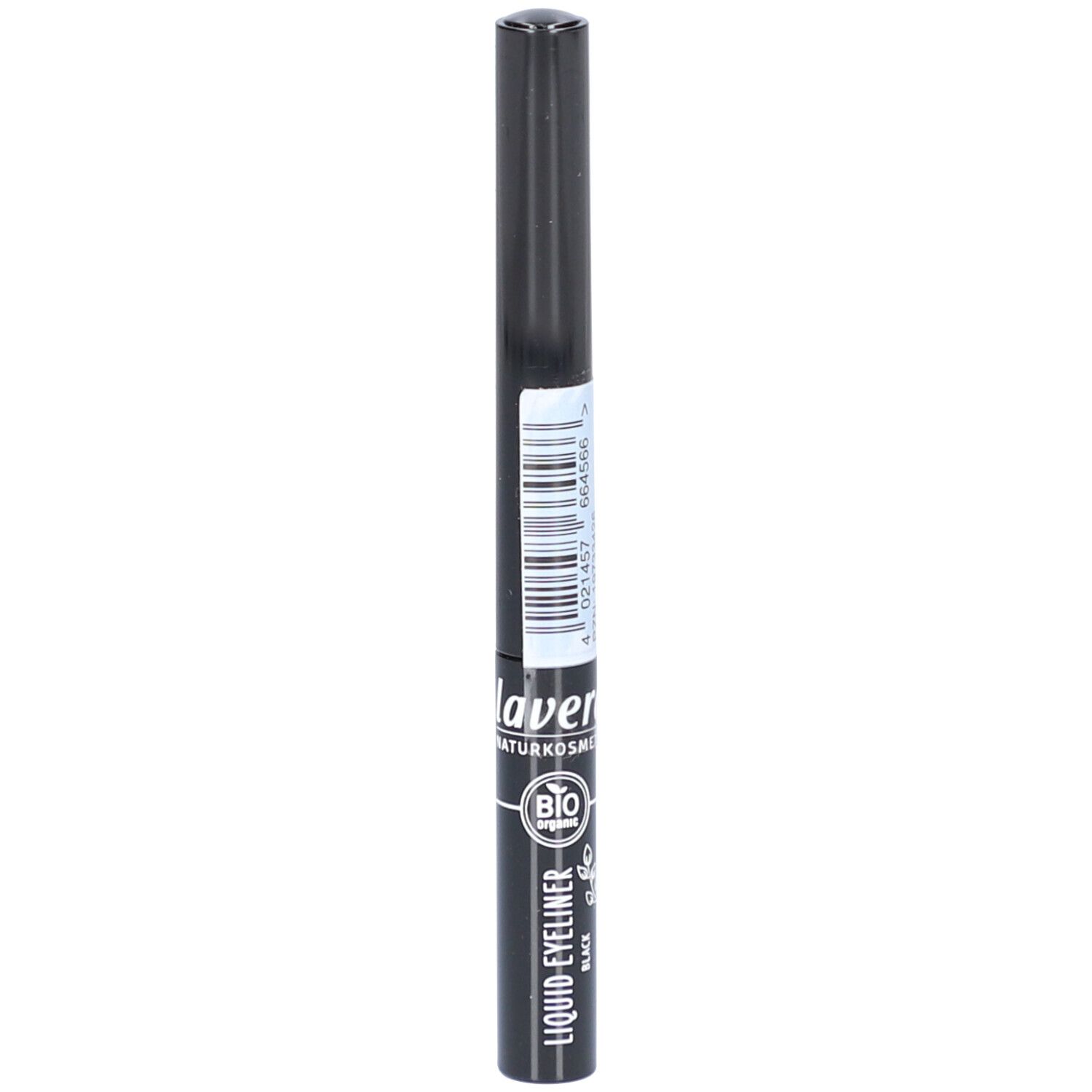 Eyeliner liquide noir. Inscription: lavera, cosmétiques naturels, BIO. Avec applicateur. Bouchon et stylo noirs.