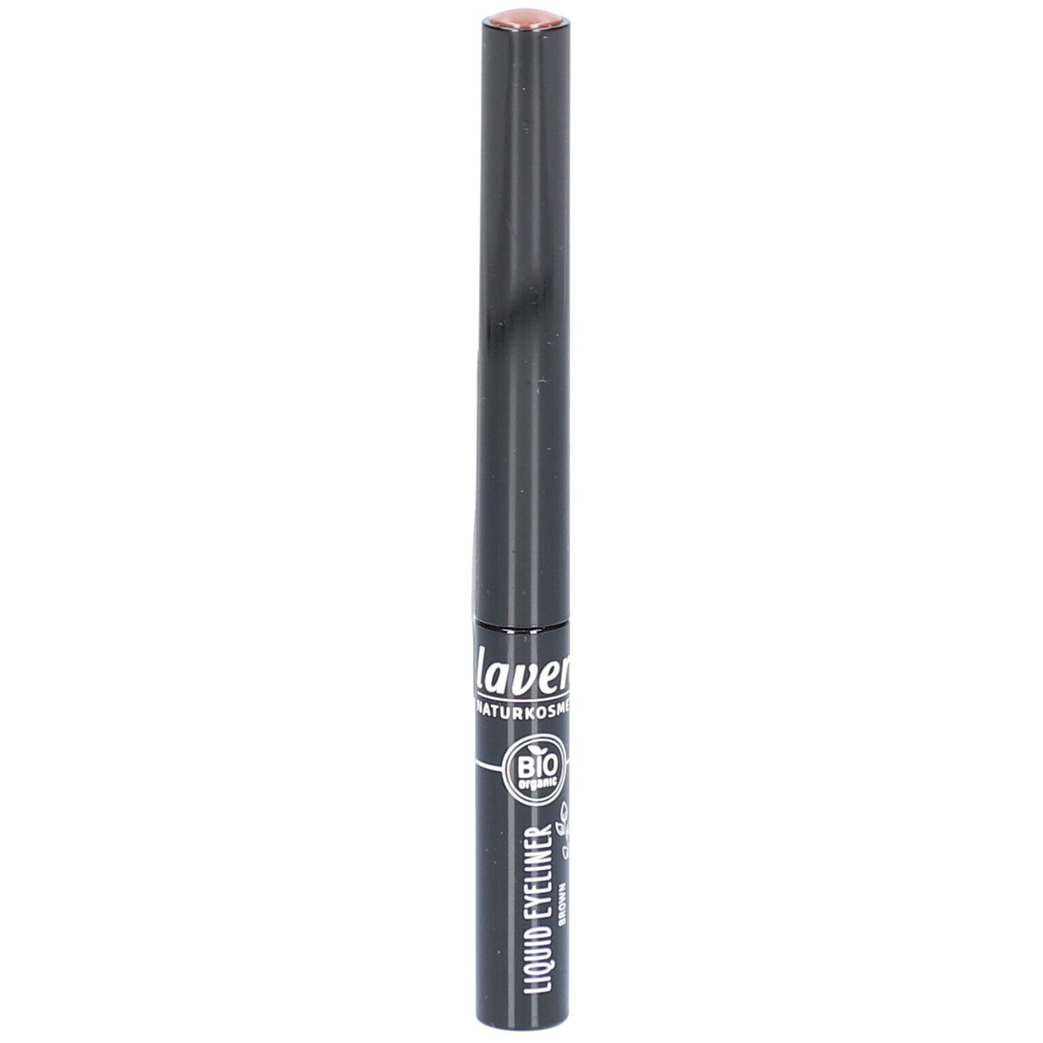 Eyeliner liquide noir avec pointe marron. Inscription : lavera, BIO organic, Liquid Eyeliner Brown.