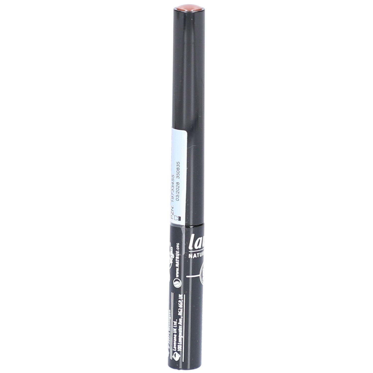 Eyeliner liquide noir avec pointe marron. Étiquette au dos avec informations.