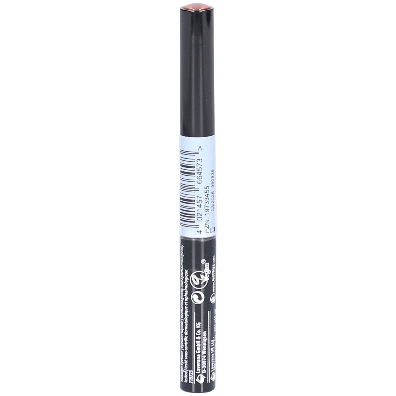 Eyeliner liquide noir avec pointe marron. Étiquette au dos avec code-barres et informations.