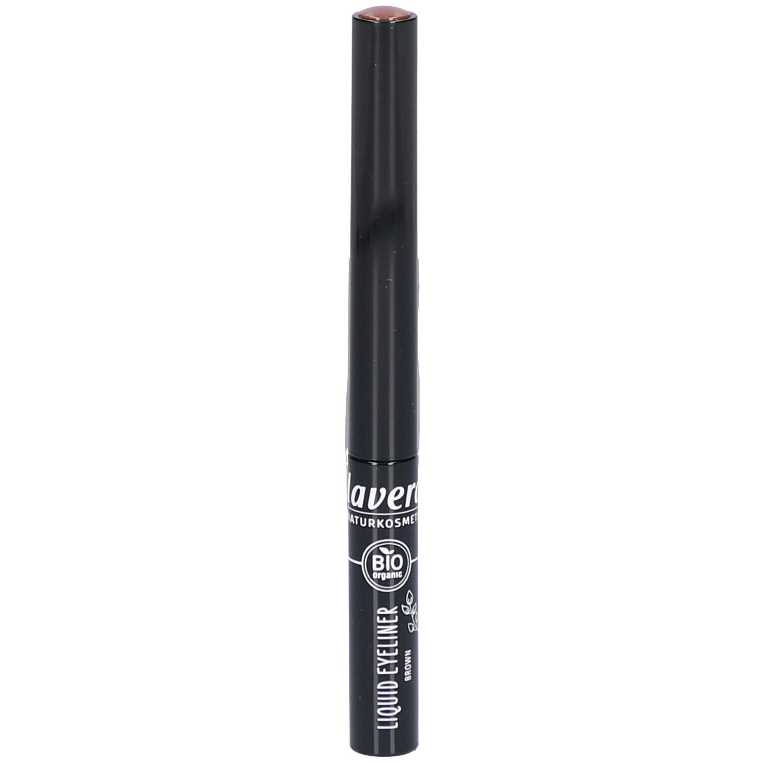 Eyeliner liquide noir avec pointe marron. Inscription : lavera, BIO organic, Liquid Eyeliner Brown.