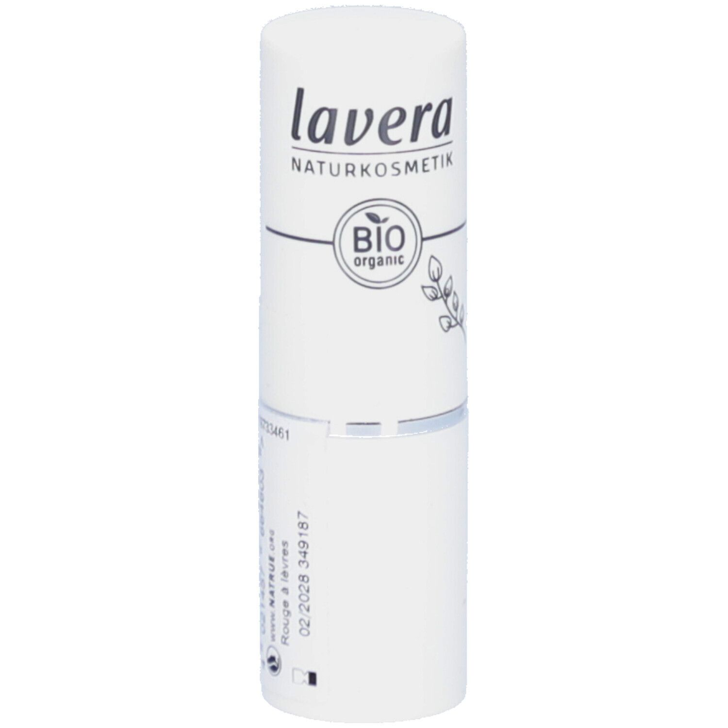 Witte lippenstifthuls. Merk: lavera. Opdruk: BIO organic. Barcode en productinformatie op de zijkant.