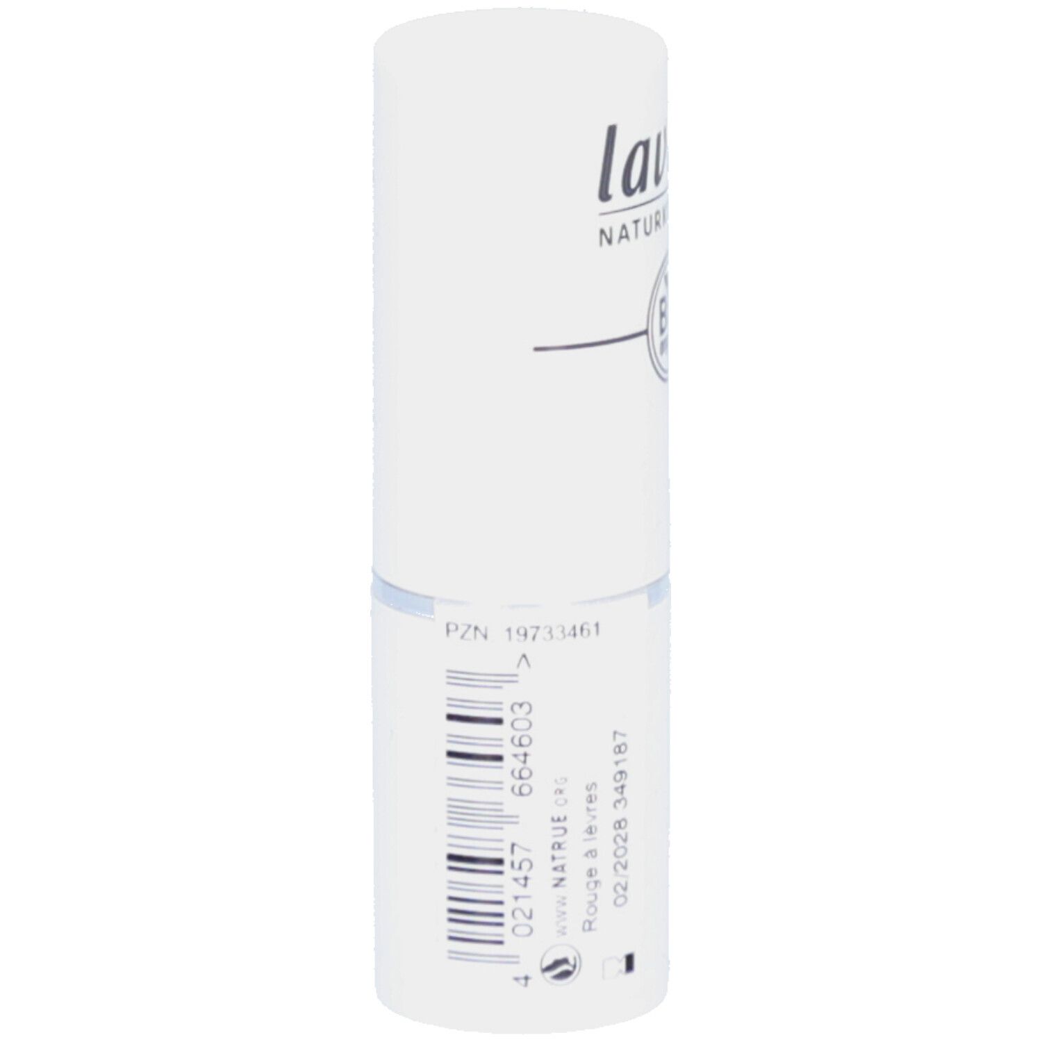 Witte lippenstifthuls. Merk: lavera. Opdruk: BIO organic. Barcode en productinformatie op de zijkant.