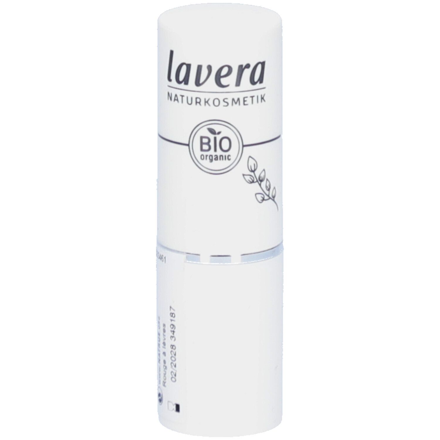 Witte lippenstifthuls. Merk: lavera. Opdruk: BIO organic. Productnaam niet zichtbaar.