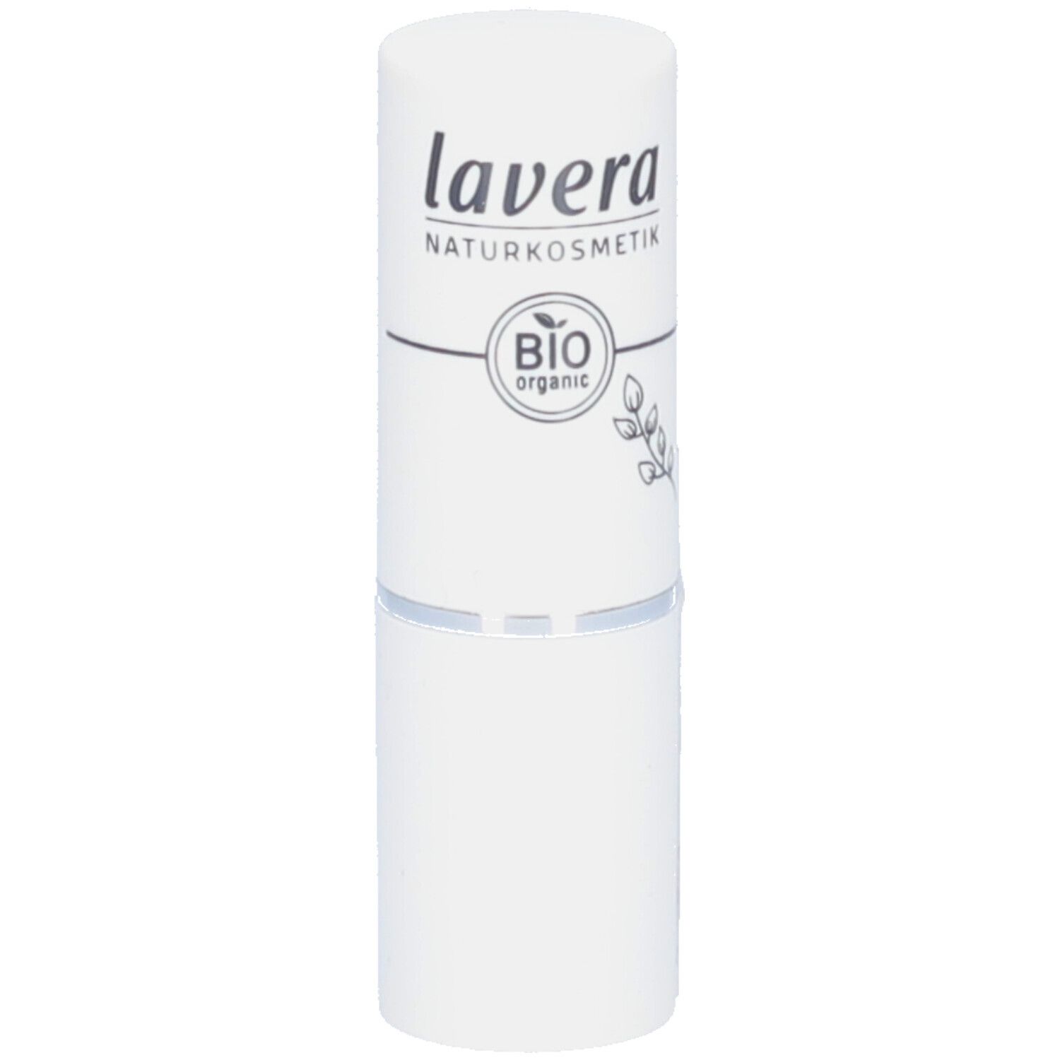Tube de rouge à lèvres blanc avec texte et logo "lavera". Forme cylindrique. P/N 19733478.
