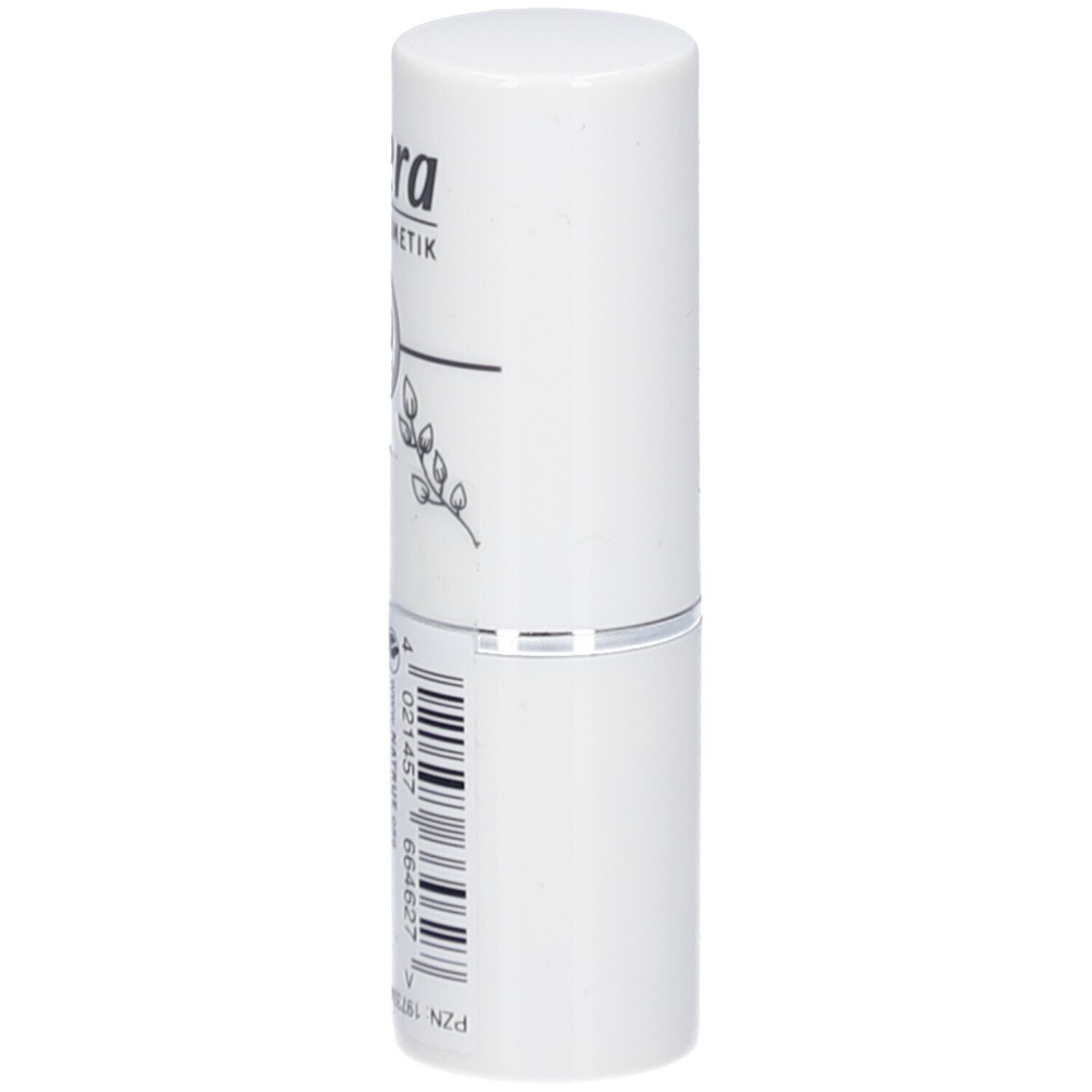 Rouge à lèvres blanc lavera. Le couvercle porte "lavera NATURKOSMETIK" et un label bio. Des informations sont imprimées sur la partie inférieure.