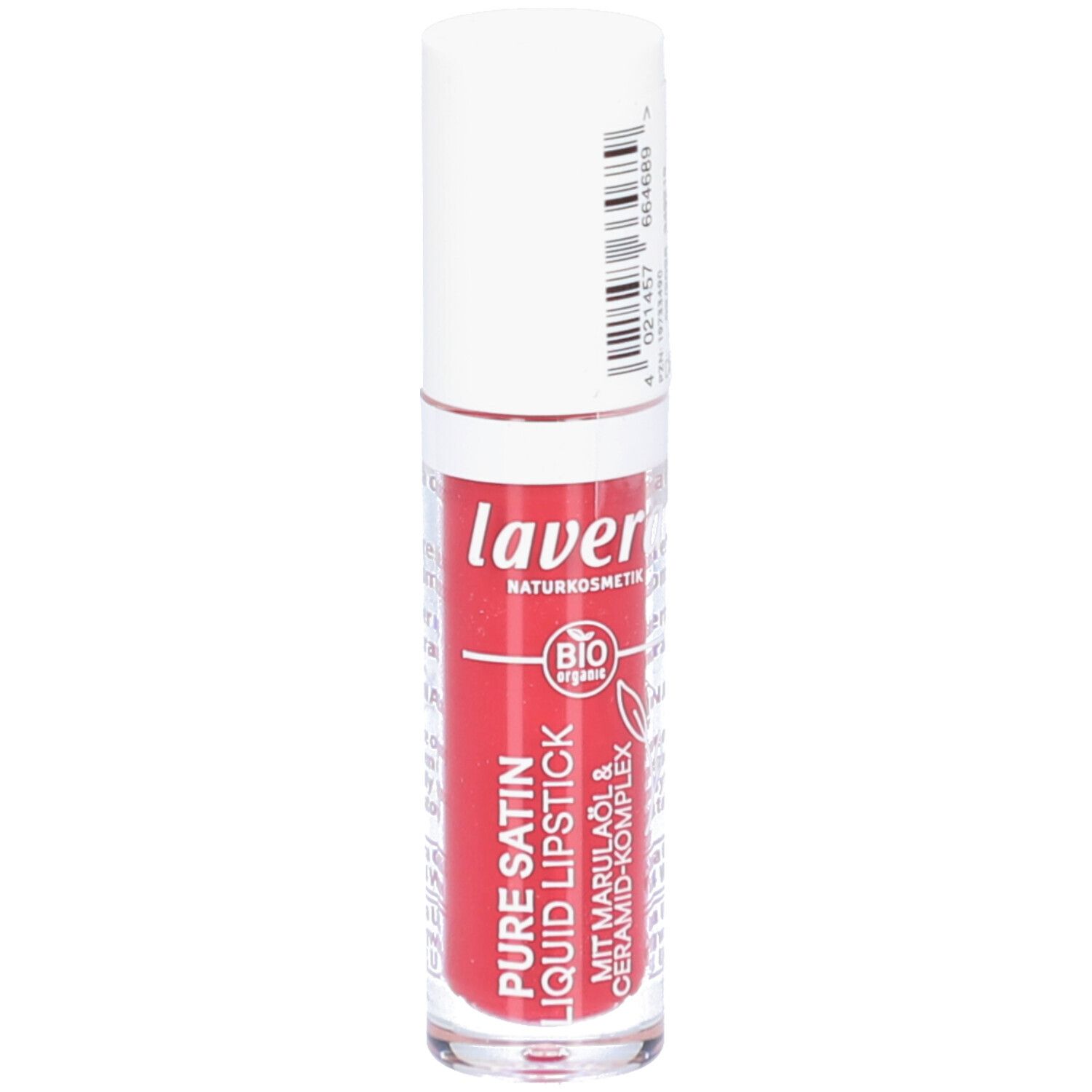 lavera Pure Satin Liquid Lipstick en Sweet Poppy Red 01. Flacon transparent avec capuchon blanc. Rouge à lèvres rouge visible.