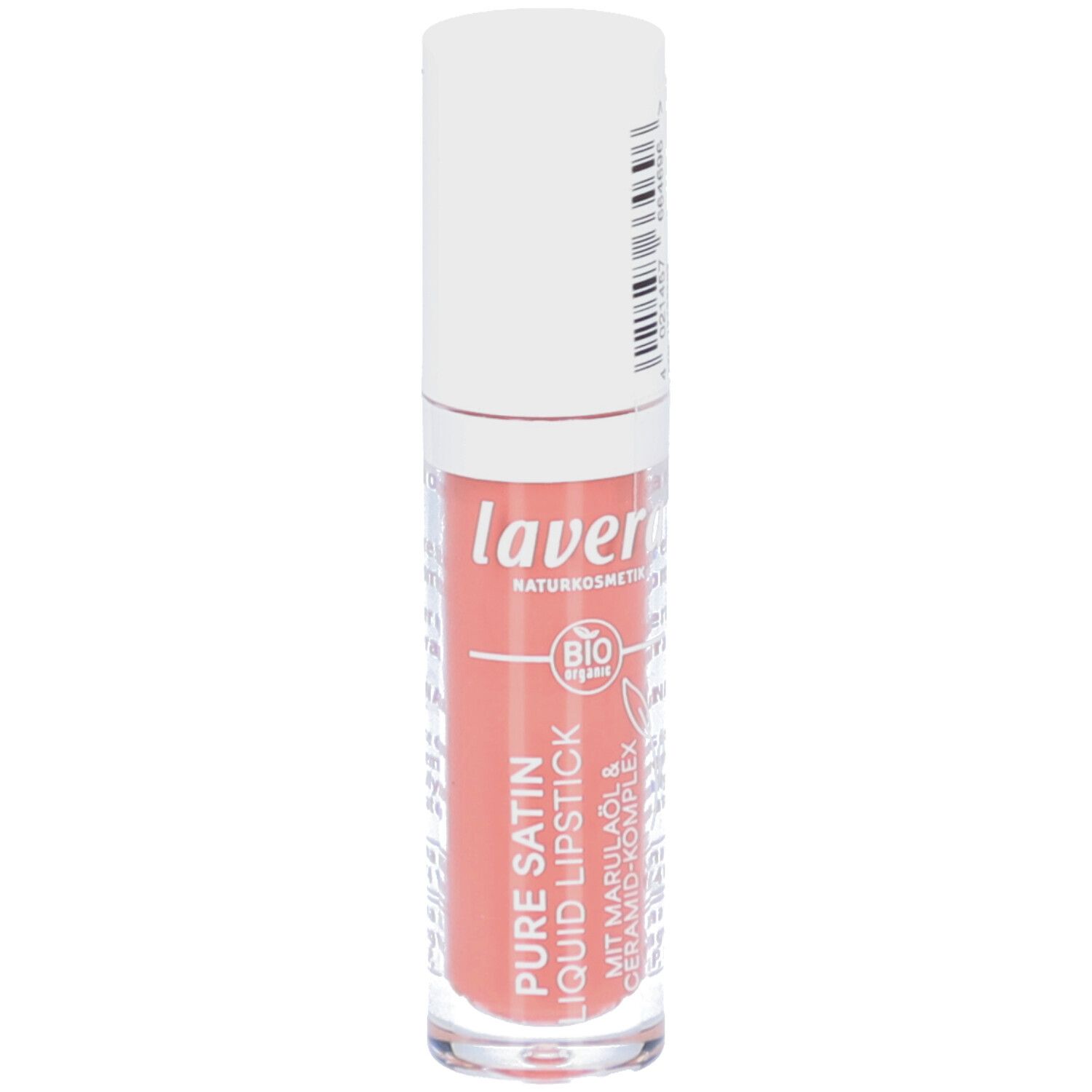 Rouge à lèvres liquide nude. Marque: lavera. Bouchon blanc, contenant transparent. Label bio.