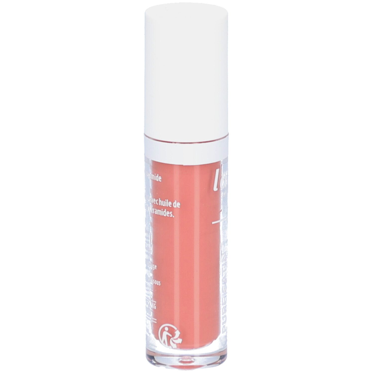 Rouge à lèvres liquide nude. Marque: lavera. Dos avec texte et logo. Contenant transparent.