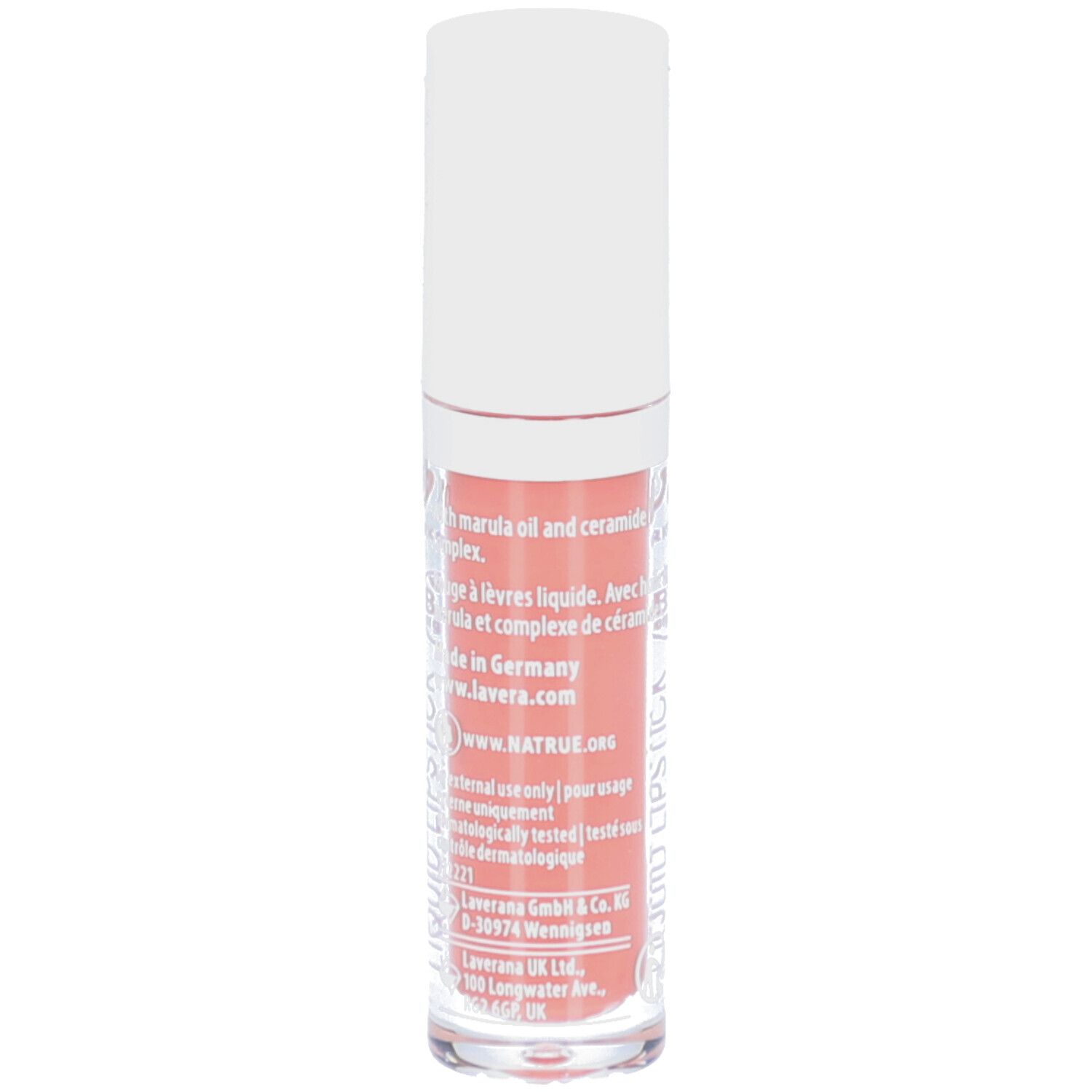 Rouge à lèvres liquide nude. Marque: lavera. Dos avec texte. Contenant transparent.