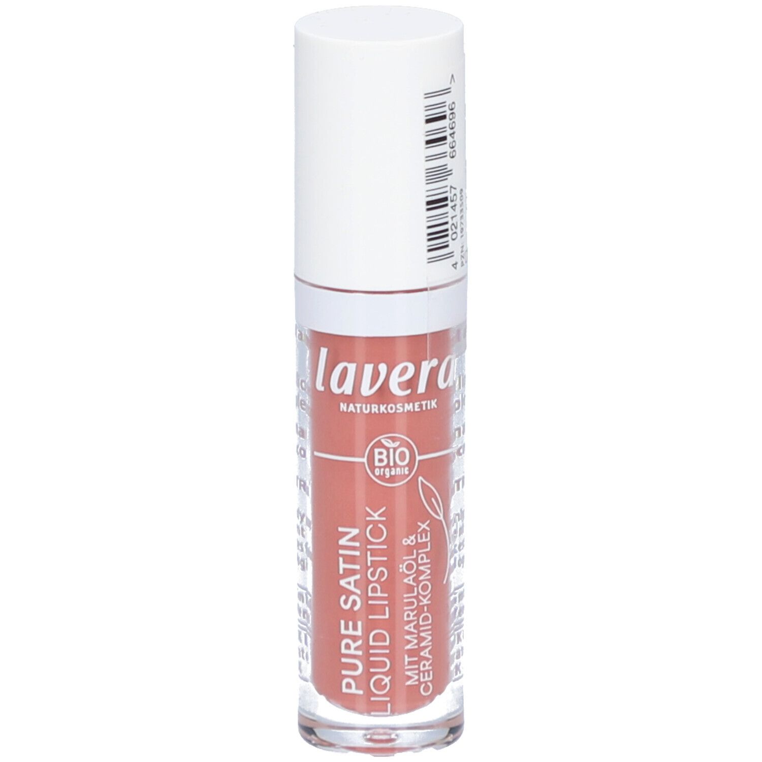 Rouge à lèvres liquide nude. Marque: lavera. Bouchon blanc, contenant transparent. Label bio.