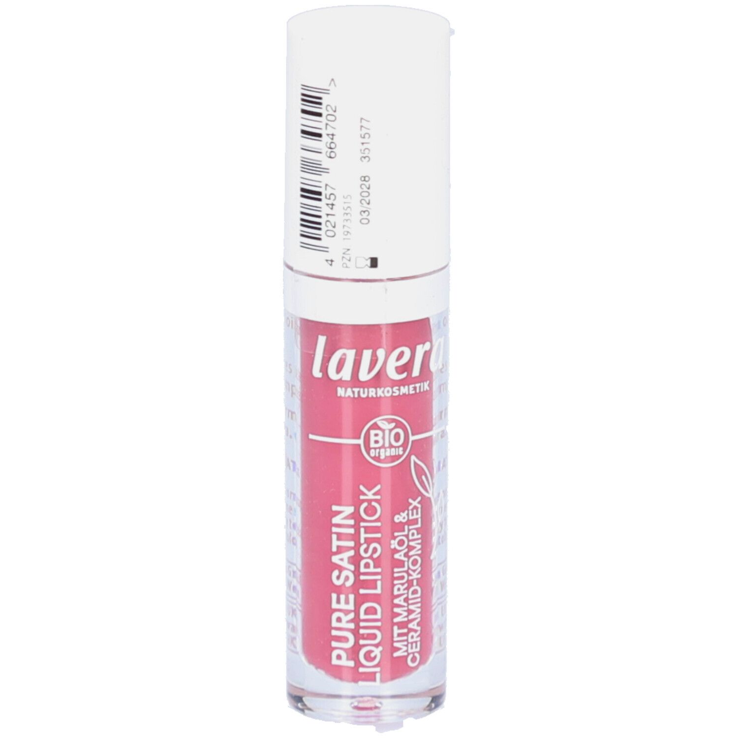 Rouge à lèvres liquide, étui transparent, capuchon blanc. Inscription: lavera, Pure Satin Liquid Lipstick, label bio.