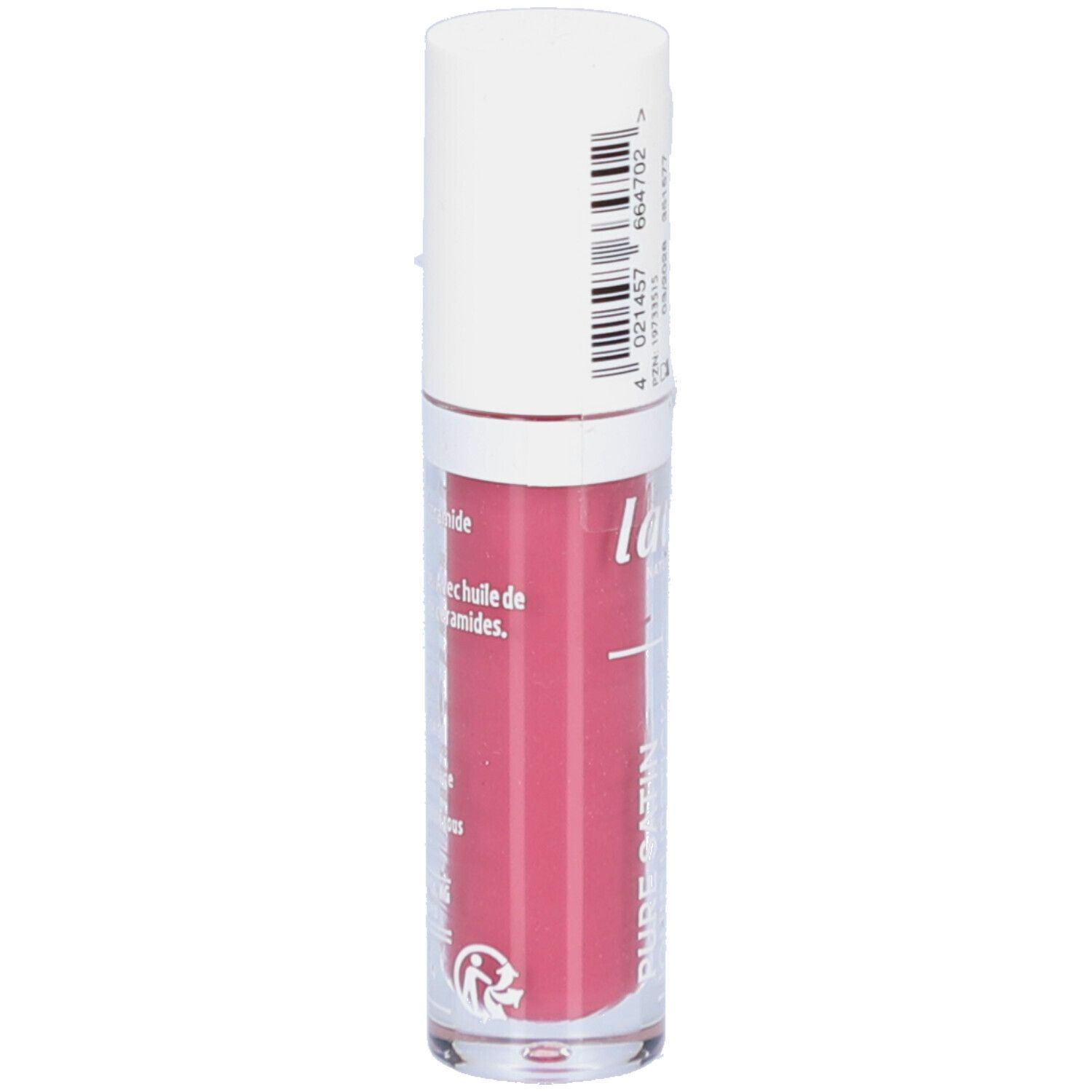 Rouge à lèvres liquide, étui transparent, capuchon blanc. Couleur: rose. Inscription: lavera, Pure Satin Liquid Lipstick.