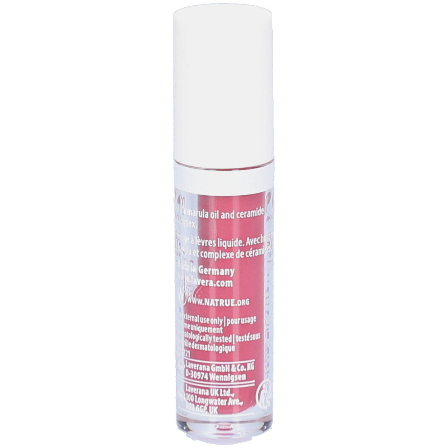 Dos du rouge à lèvres. Inscriptions: lavera, informations, ingrédients, adresse du fabricant, logo NATRUE, testé dermatologiquement.