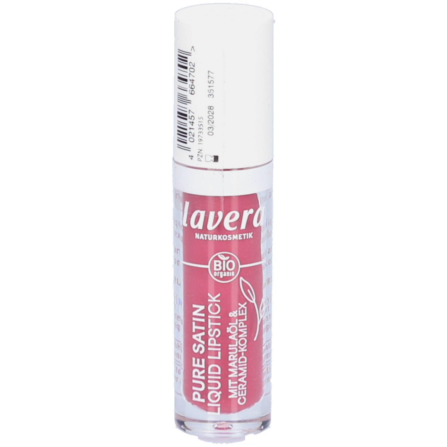 Rouge à lèvres liquide, étui transparent, capuchon blanc. Inscription: lavera, Pure Satin Liquid Lipstick, label bio.