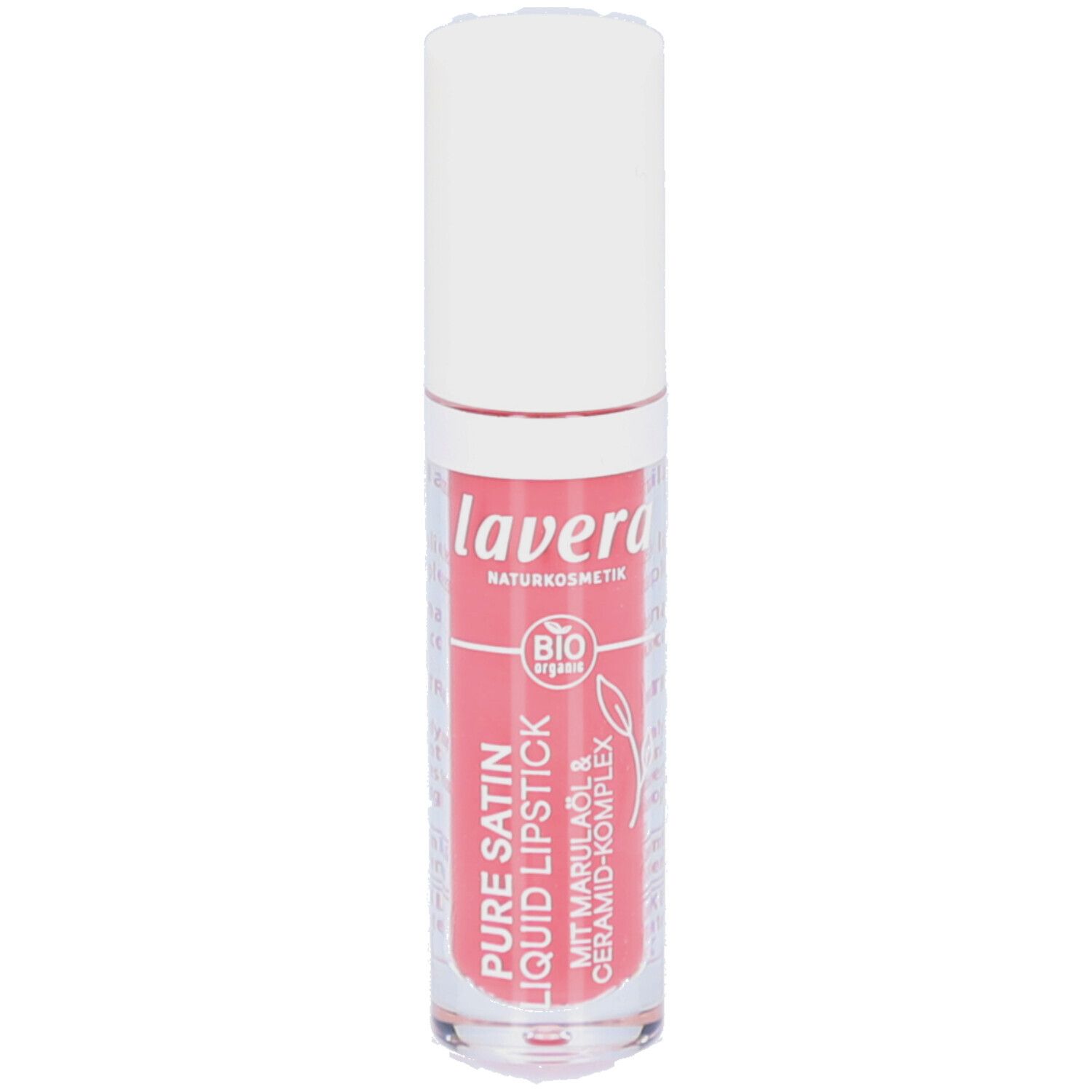 Rouge à lèvres liquide avec bouchon blanc. Inscription: lavera, Pure Satin Liquid Lipstick, label bio.