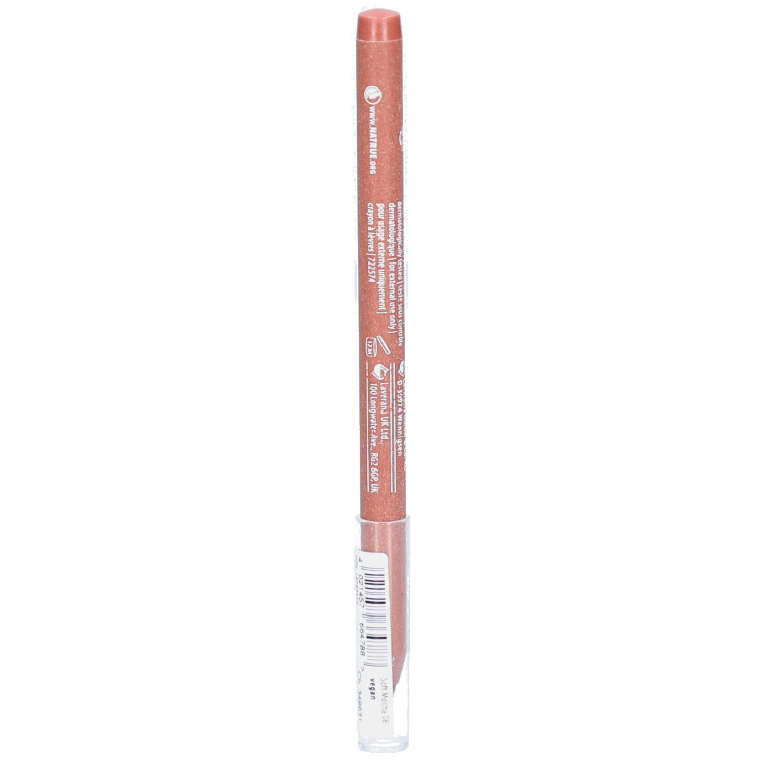 Crayon contour des lèvres. Couleur rose-brun. Inscription et code-barres. Capuchon transparent.