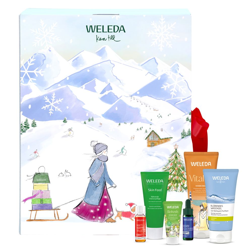 Calendrier de l'Avent avec paysage hivernal. Produits Weleda : Skin Food, crème visage, sérum, gel douche. Emballage avec ruban.