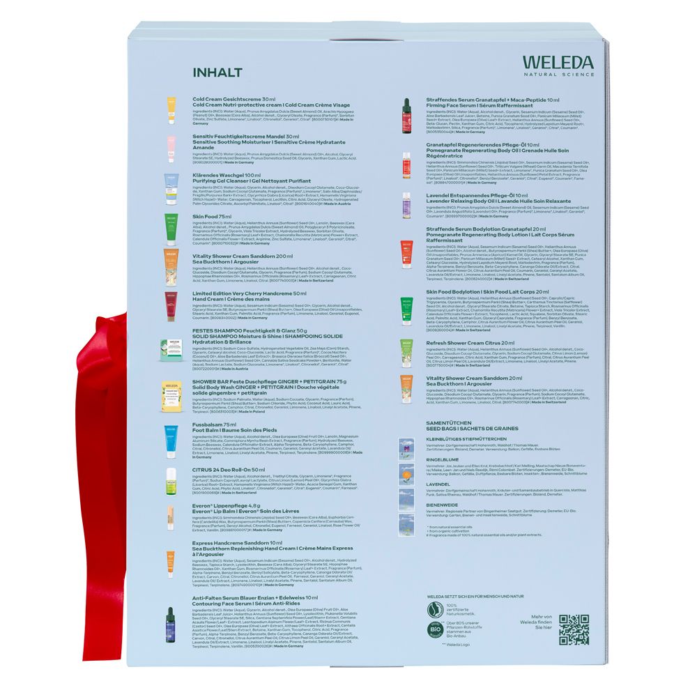 Dos du calendrier de l'Avent. Liste des produits inclus. Logo Weleda et noms des produits.
