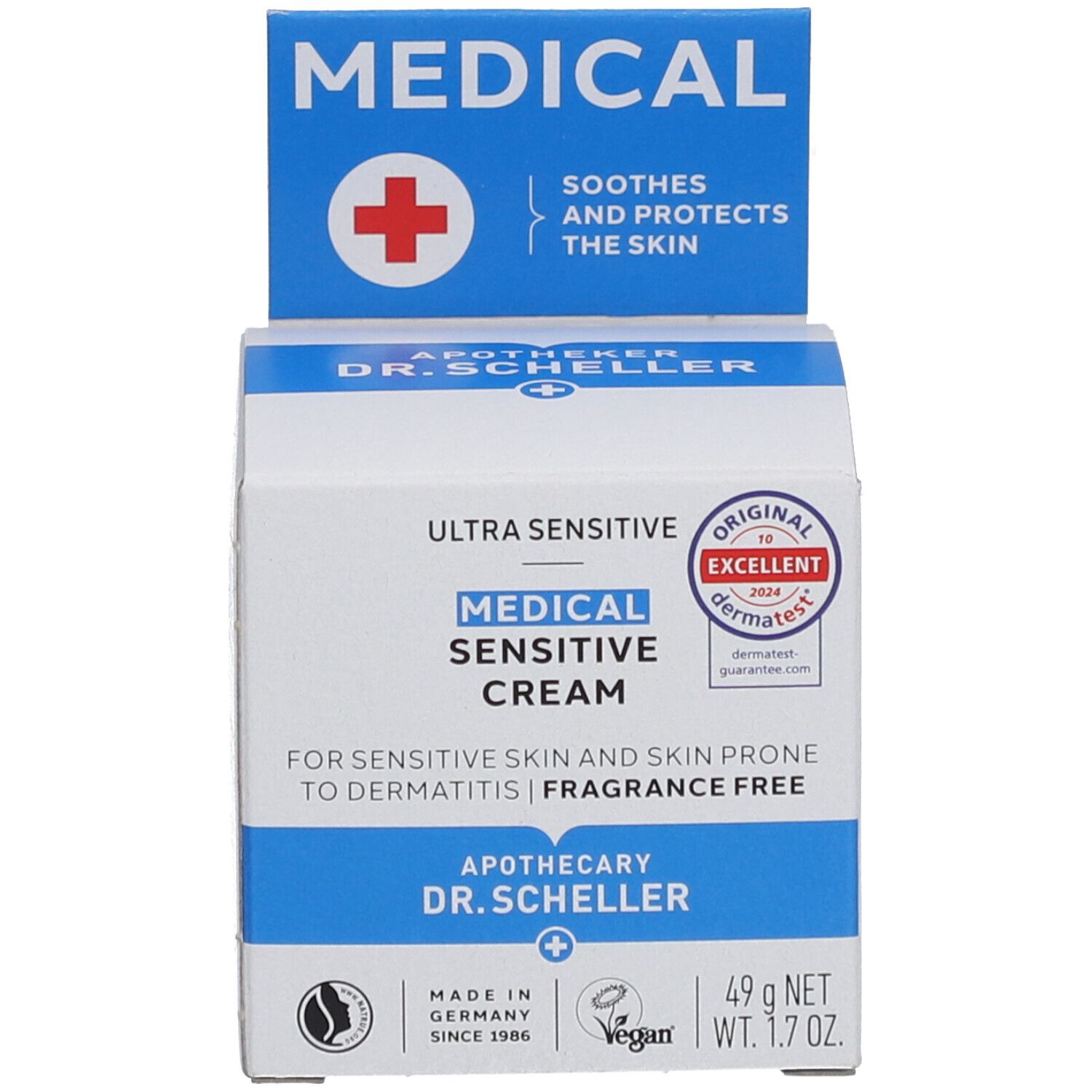 Emballage du produit avec carton. Inscription: MEDICAL SENSITIVE CREAM, Apotheke DR. SCHELLER. Vegan, Dermatest.