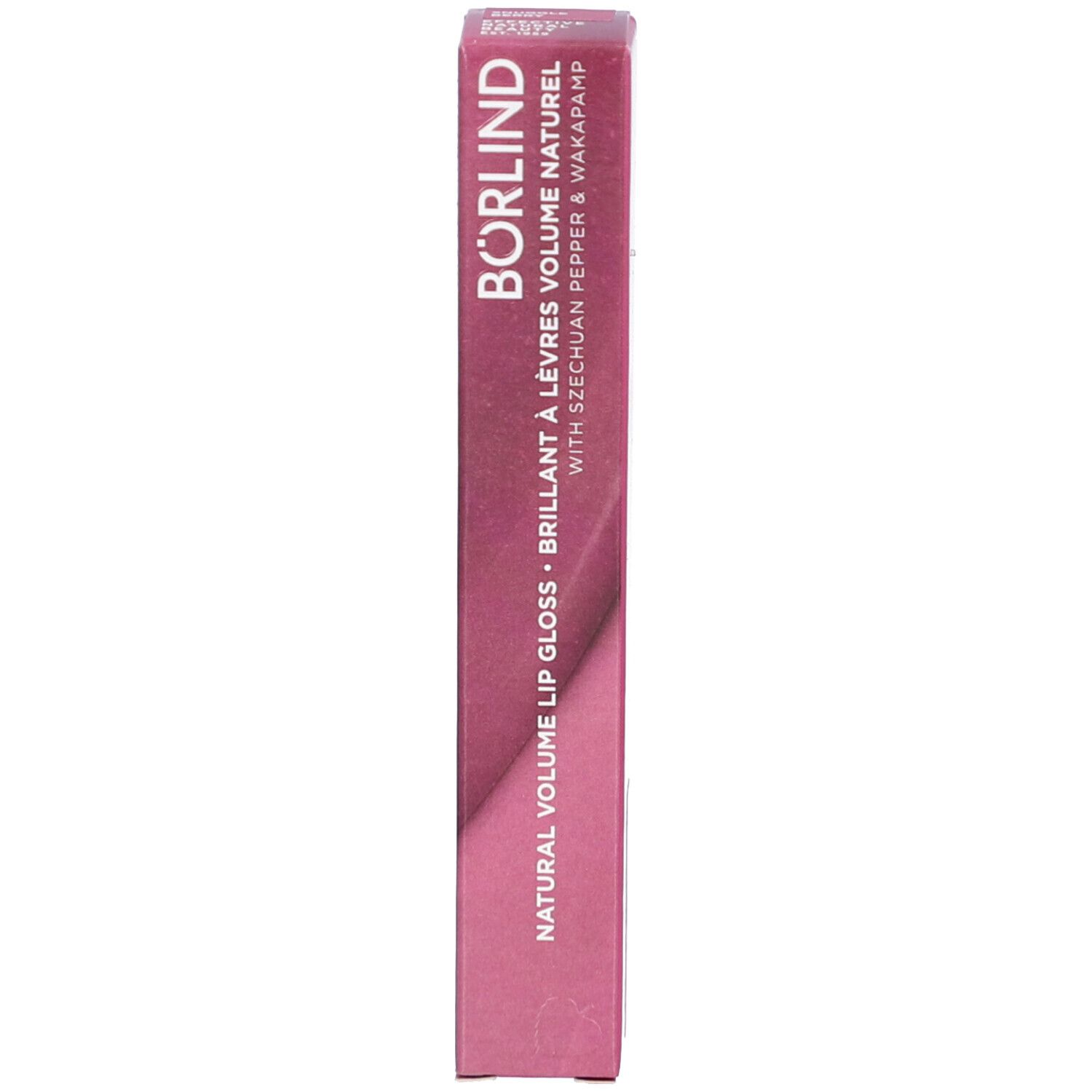 Emballage du gloss à lèvres. Inscription: BÖRLIND NATURAL VOLUME LIP GLOSS. Avec Szechuan Pepper & Wakapamp.